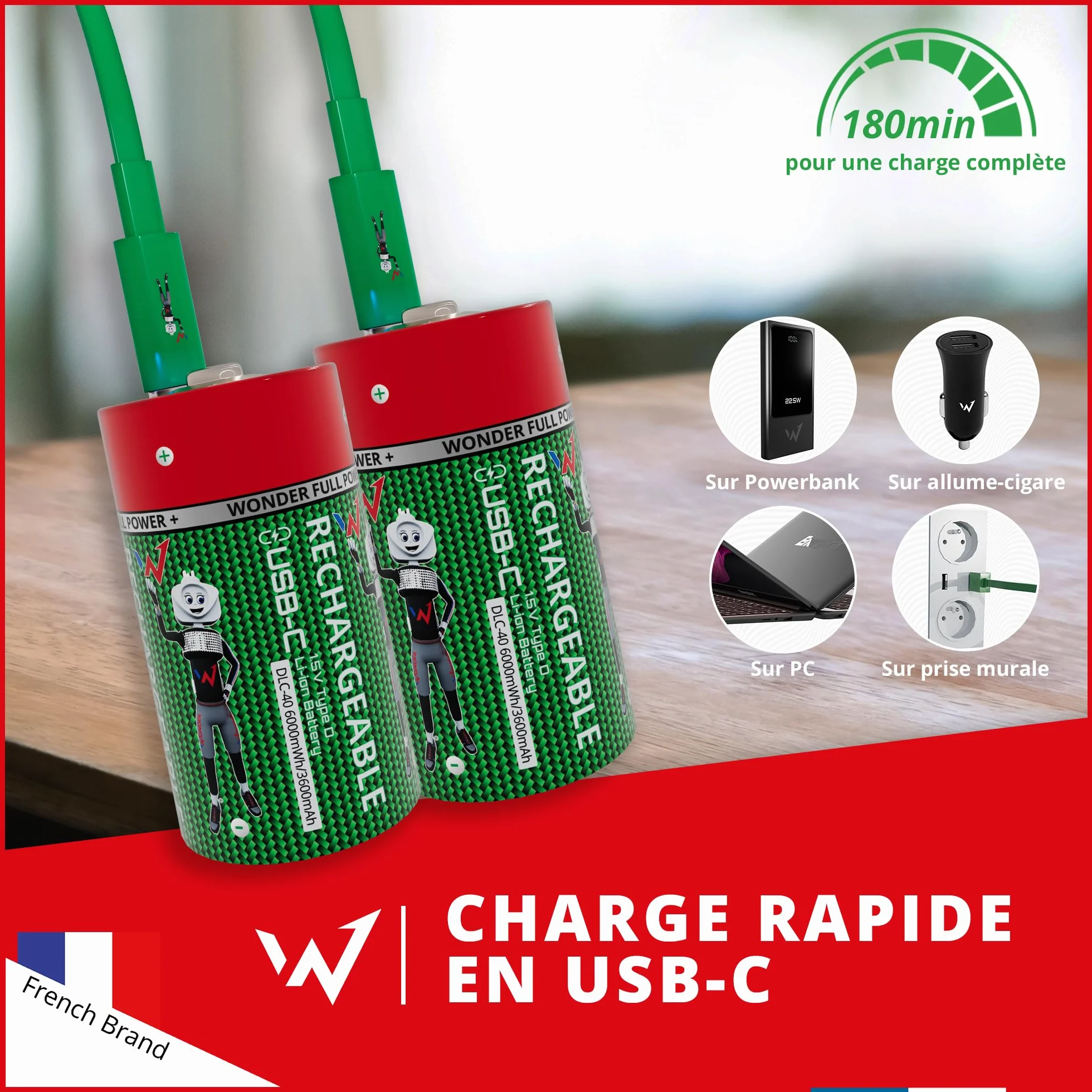 Wonder Full Energy - Baterie D / LR20 - Do ładowania przez USB-C - Kabel USB-C w zestawie - Długotrwały - 1,5V, 6000mWh, 3600mAh - 2 baterie