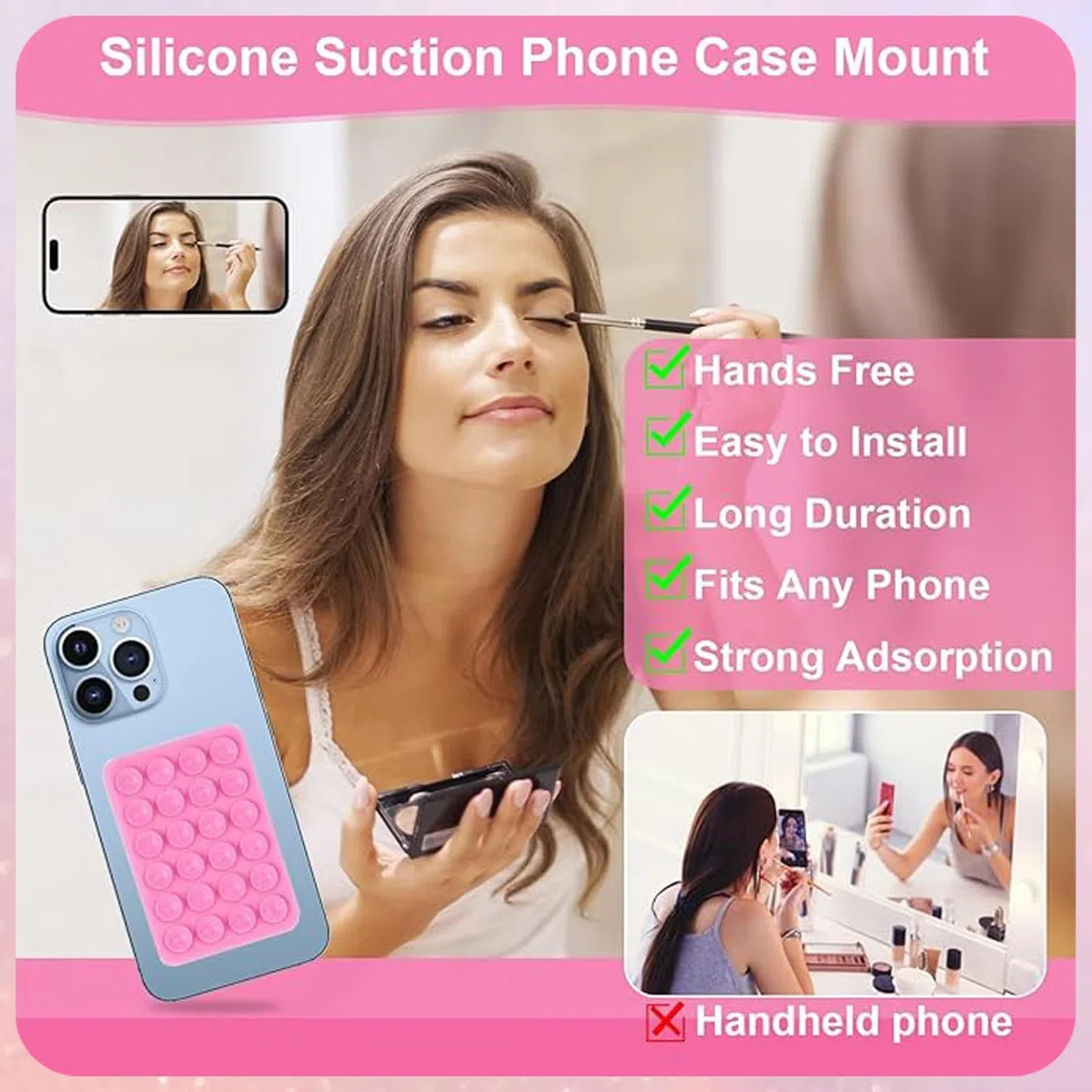Silikonowe etui na telefon z przyssawką, bez użycia rąk Fidget Toy Mirror Shower uchwyt na telefon, filmy Tiktok i selfie (czarny, różowy)