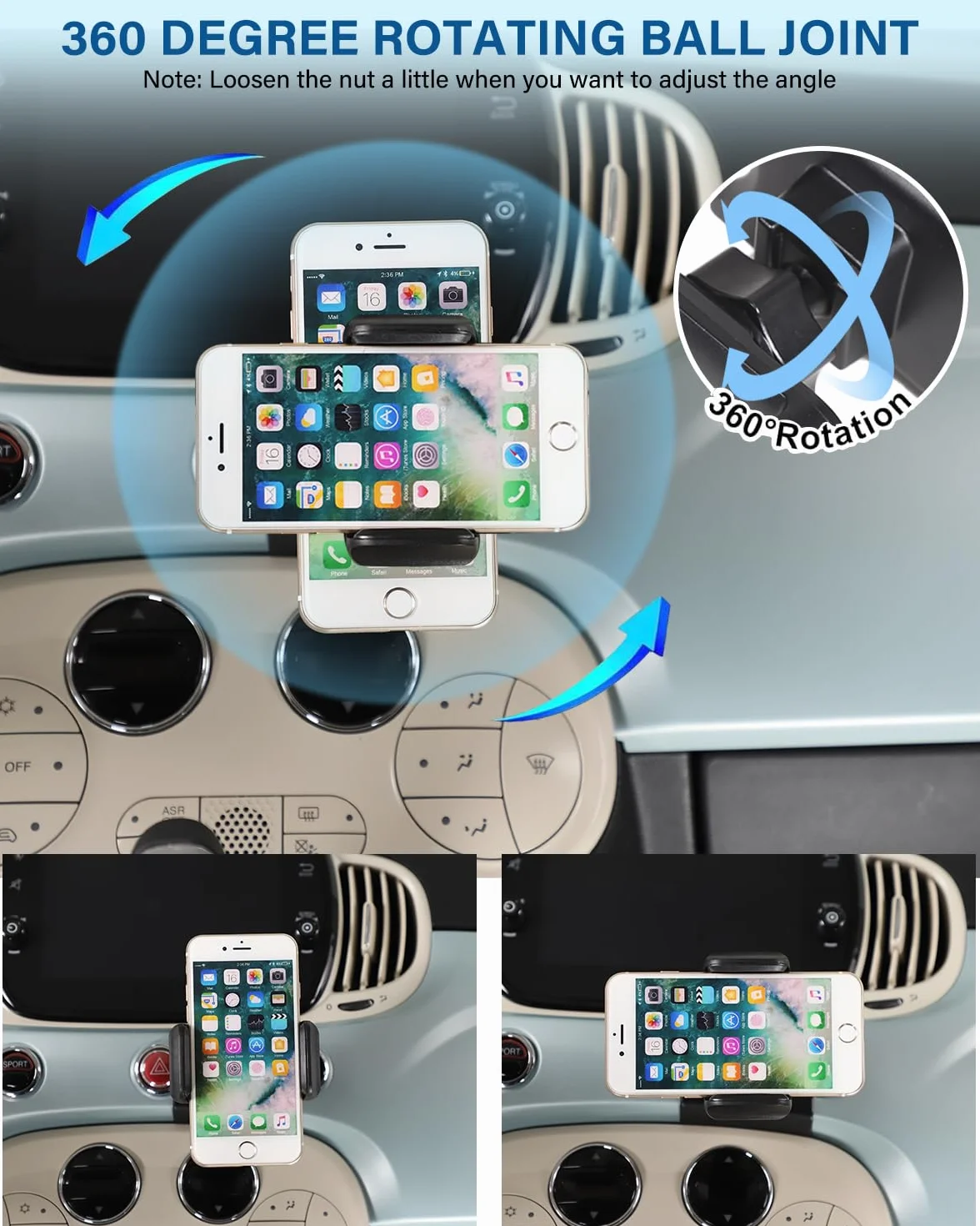 Samochodowy uchwyt na telefon komórkowy, kompatybilny z Fiat 500 2016-2024, konsola środkowa, uchwyt na telefon, obrót o 360°, stojak na telefon komórkowy, akcesoria samochodowe (Styl A)