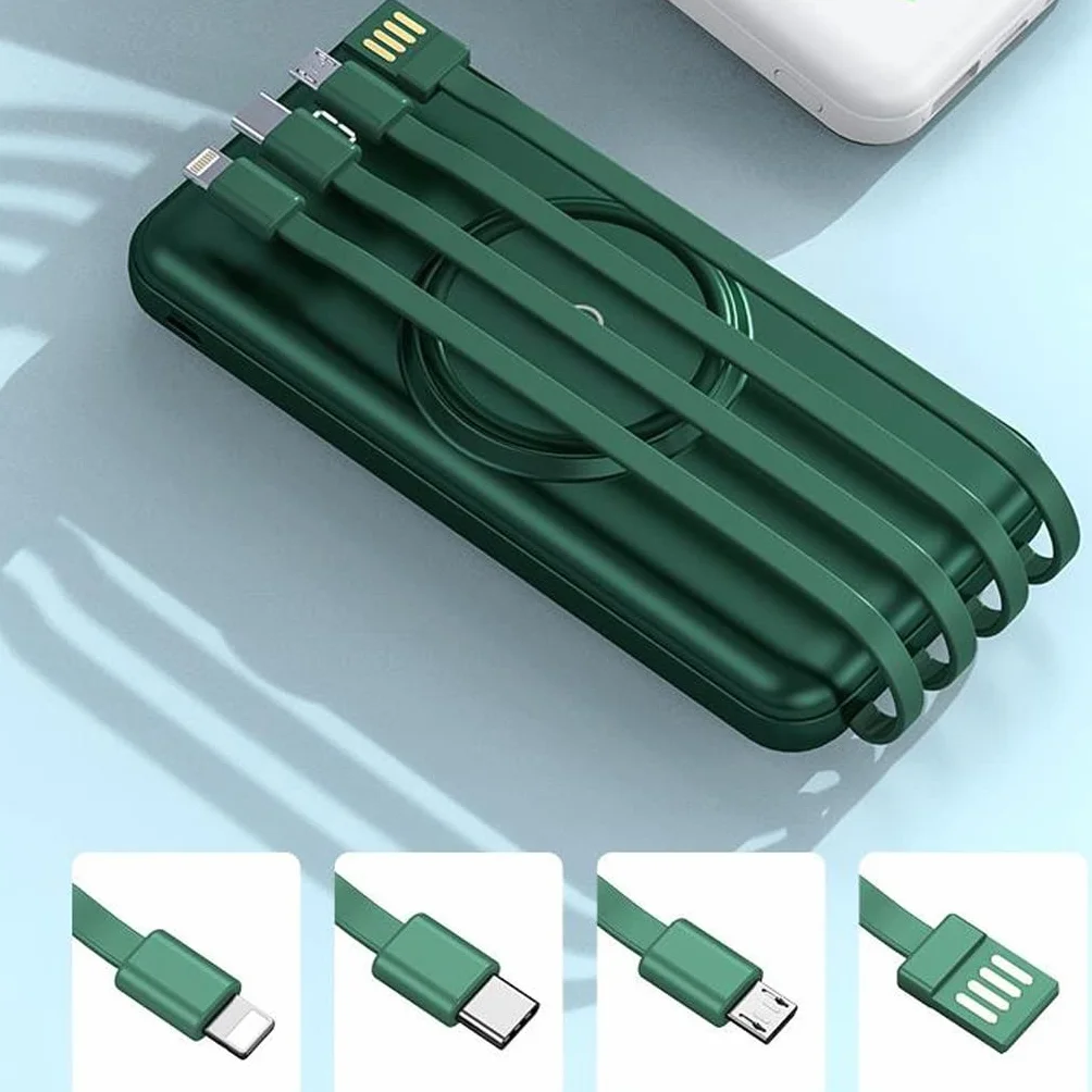 Alarm o dużej pojemności jest dostarczany z czteroprzewodowym power bankiem 20 000 mAh Telefon komórkowy o dużej pojemności Wygodny zasilacz mobilny (Color : Green, Size : 10000mAh)