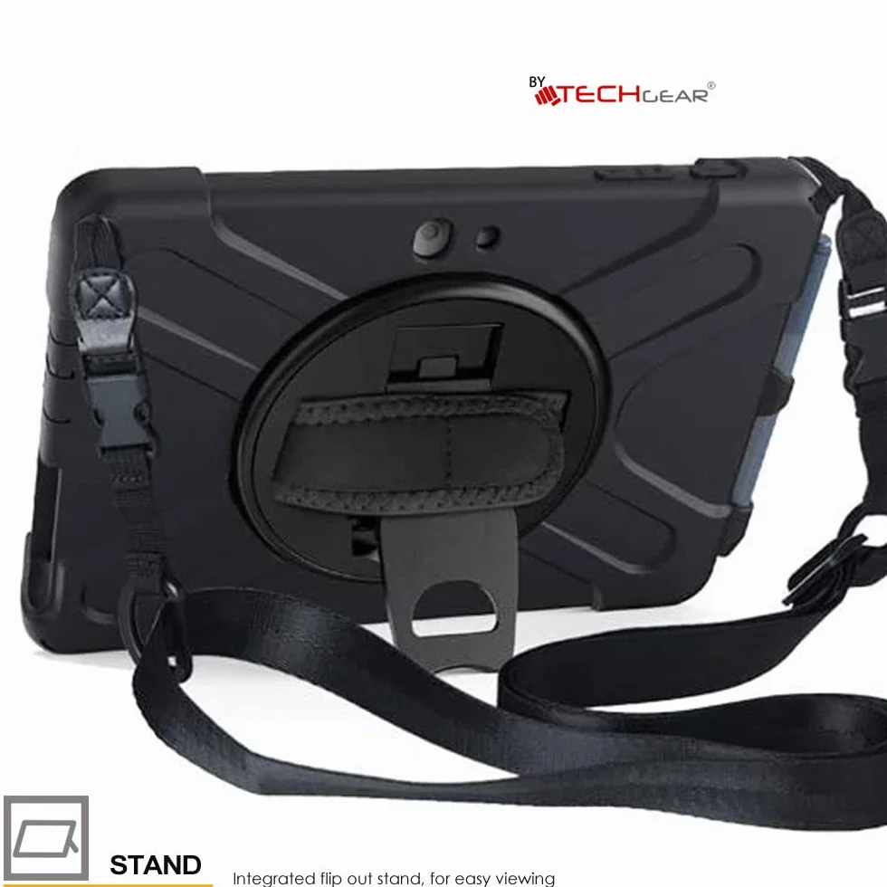 TECHGEAR X-Case pasuje do Microsoft Surface Go 4 / Surface Go 3/2 / 1 26.7 cm, wytrzymałe, wytrzymałe etui odporne na wstrząsy, stojak obrotowy 360, pasek na rękę i pasek na ramię - czarne