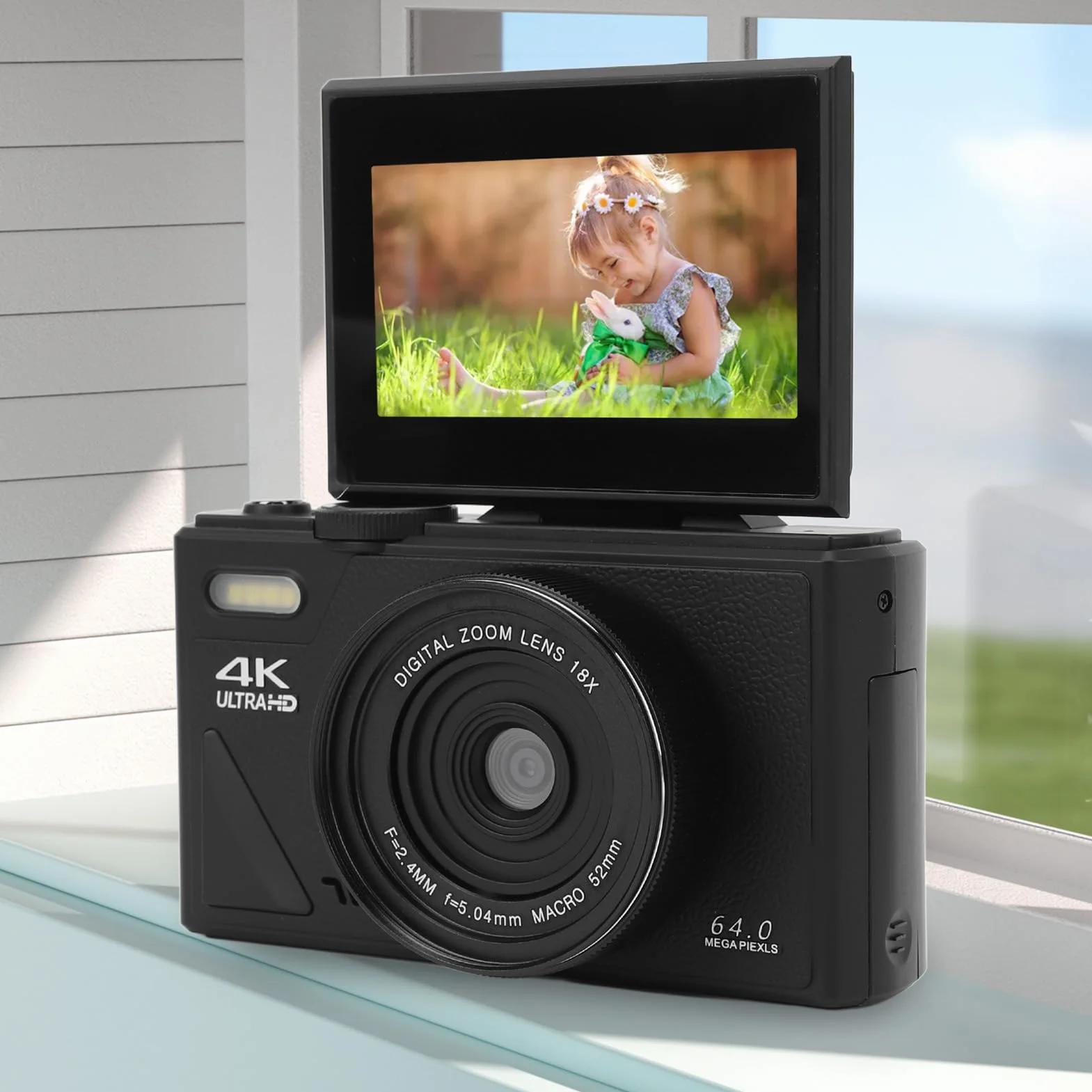 Aparat Cyfrowy, Aparat Cyfrowy 4K 64 MP UHD 180° 3 IPS z Odchylanym Ekranem do Vlogowania, Kompaktowy Aparat Cyfrowy z 18-krotnym Zoomem, Aparat z funkcją Automatycznego