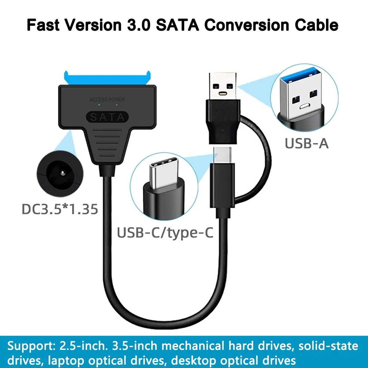 Unnderwiss kabel Sata usb adapter do dysków twardych Sata na usb Kompatybilny z zewnętrznymi i wewnętrznymi dyskami twardymi SSD/HDD 6,35 / 8,89 cm Adapter Kompatybilny z systemami operacyjnymi