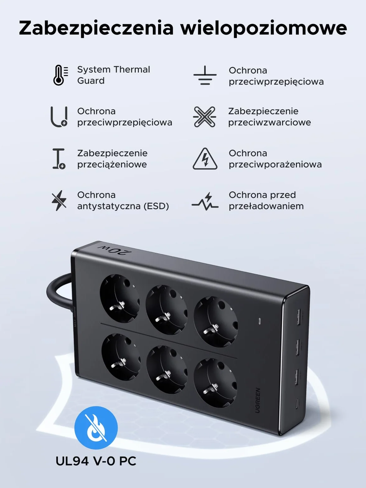 Listwa zasilająca UGREEN z gniazdem USB, gniazdko 10 w 1 z przełącznikiem, szybkie ładowanie 20 W, listwa zasilająca 3680 W z zabezpieczeniem przeciwprzepięciowym, 1,5 m, do biurek i biur