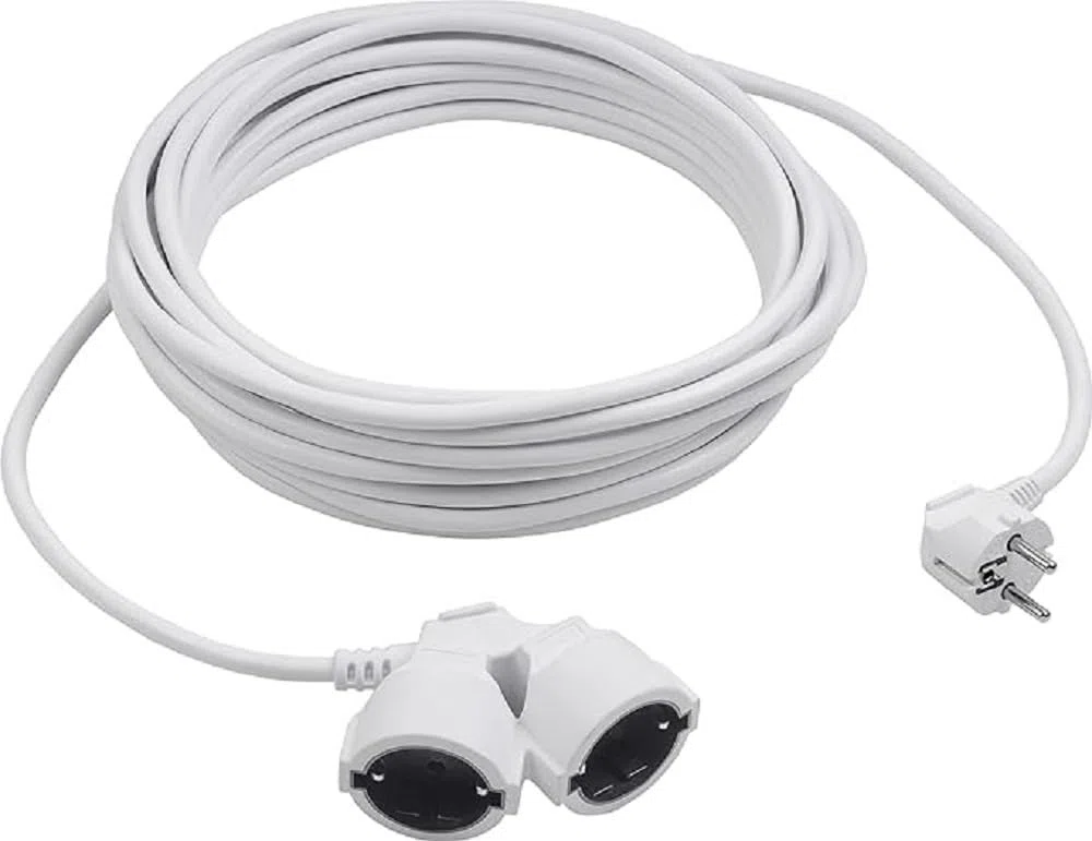 Meister 7432030 Przedłużacz z uziemieniem z podwójnym łącznikiem, kabel 5 m, biały, kabel z tworzywa sztucznego, IP20 do wnętrz, złącze z ochroną przed dotykiem, przedłużacz Schuko, przedłużacz