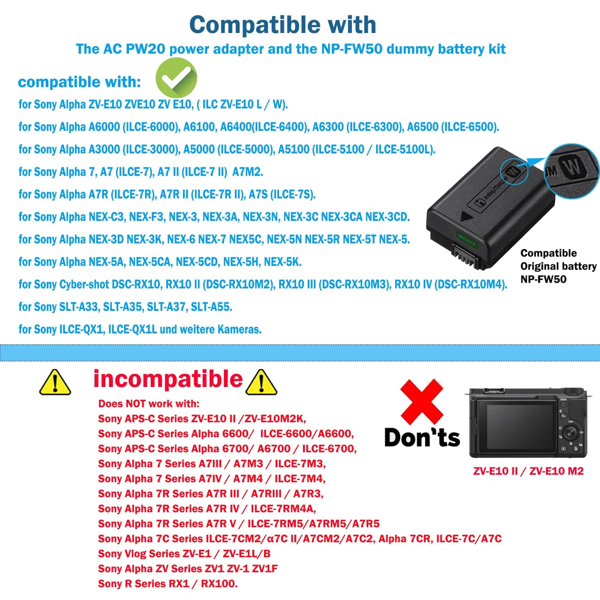 Dummy akumulator NP-FW50, AC-PW20 zasilacz sieciowy, kompatybilny z Sony Alpha ZV-E10 ZVE10 A7 7R 7S A7II 7RII 7SII, A6500 A6400 A6300 A6100 A6000, NEX 3/5/6/7, DSC RX10 II III III IV kamery.