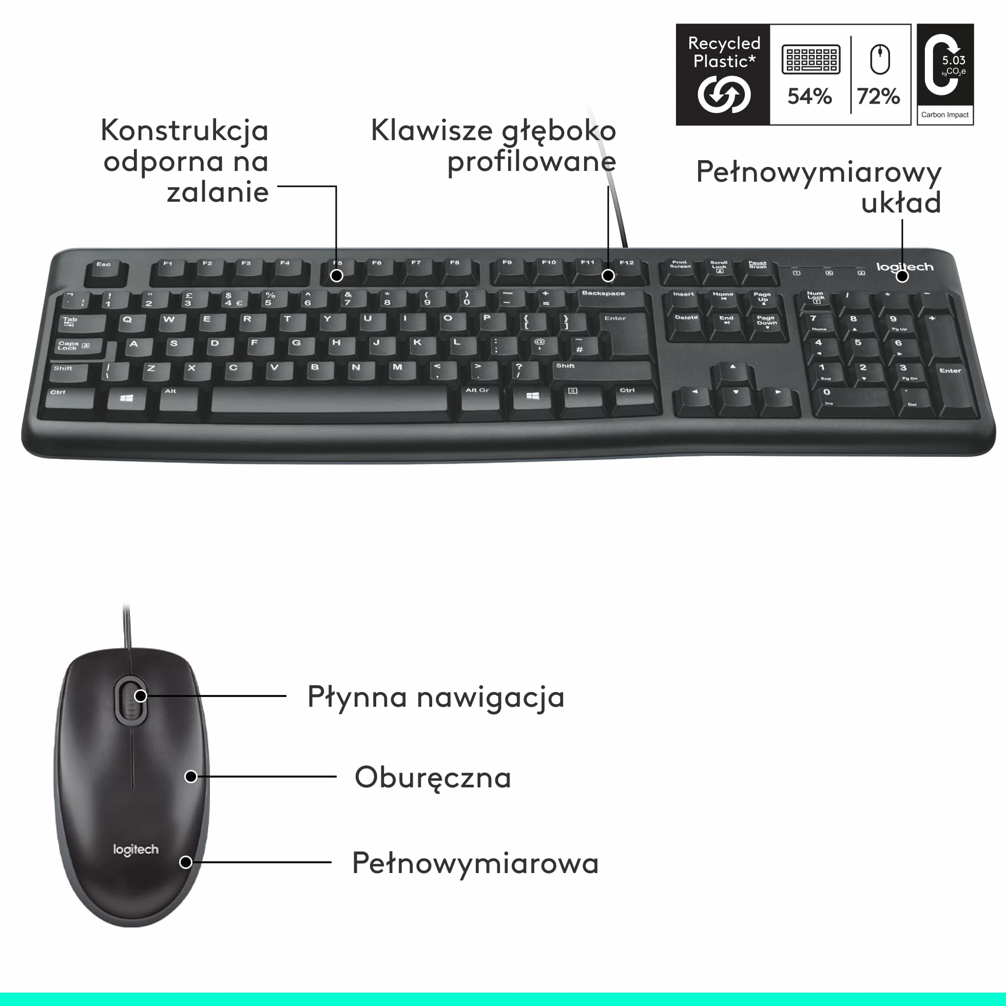 Logitech MK120 Przewodowa Klawiatura i Mysz Combo dla Windows, optyczna mysz przewodowa, pełnowymiarowa klawiatura, USB Plug-and-Play, zgodna z komputerem PC, laptopem, QWERTY układ US Intl - Czarny