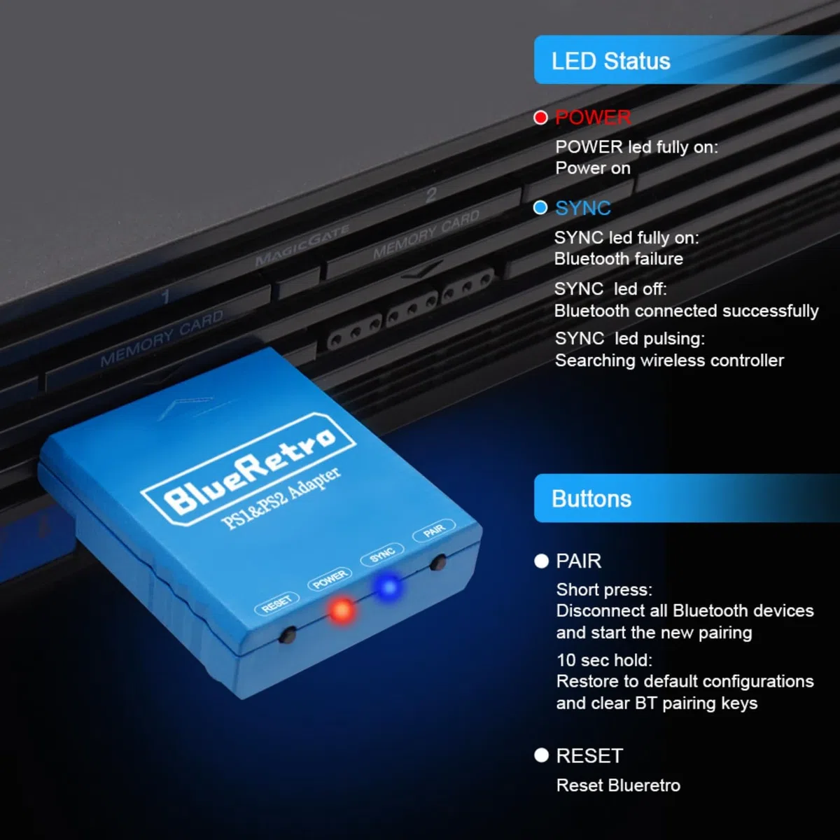 WIAONE BITFUNX RetroScaler PS2/PS1 bezprzewodowy adapter kontrolera - obsługuje konsolę do gier PS2/PS1, kompatybilny z PS3/PS4/PS5, Xbox One S, Series X/S, Switch Pro Bluetooth