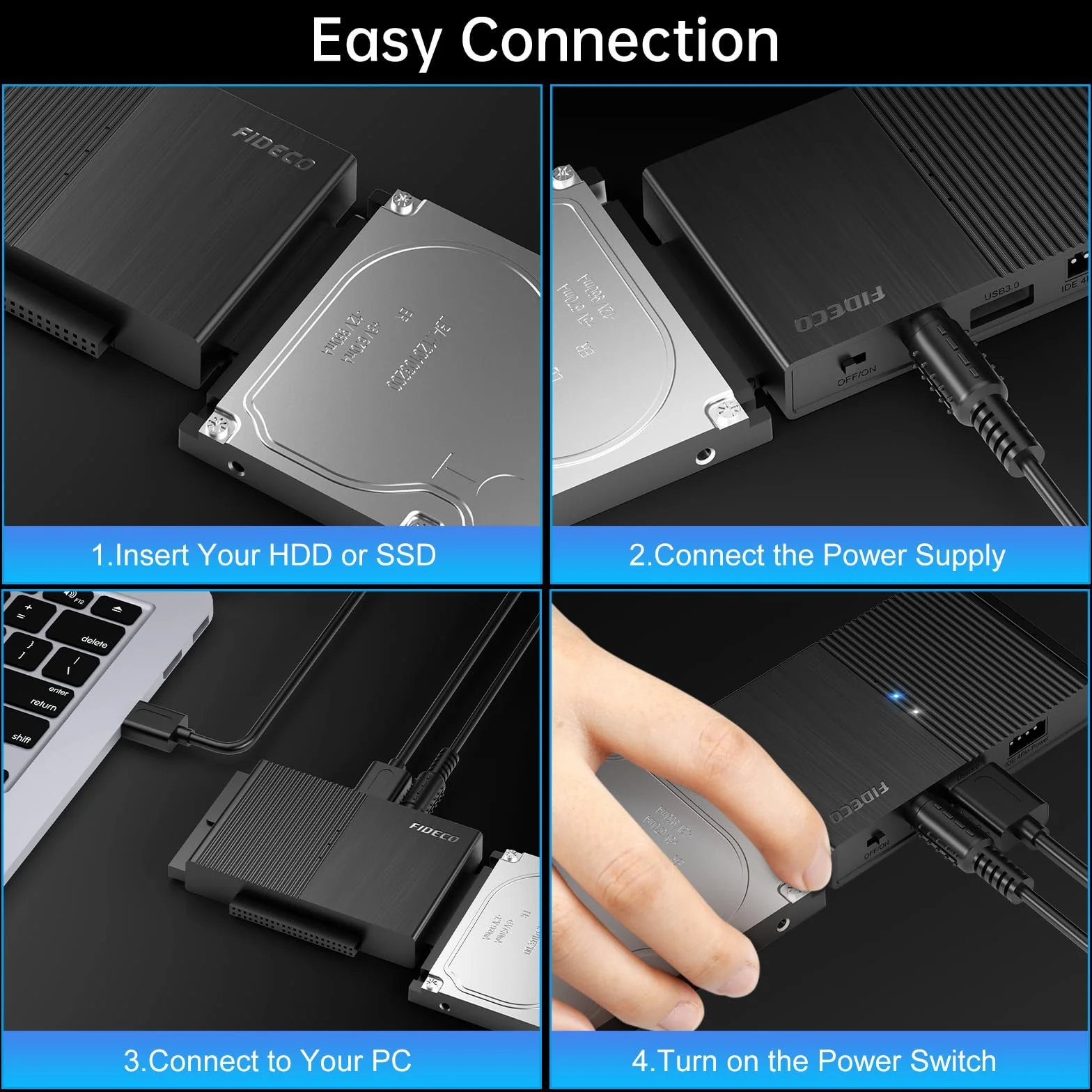 FIDECO USB 3.0 Dysk twardy Adapter dla 2,5 cala HDD/SSD, konwerter SATA i IDE z zasilaniem DC 12V 2A