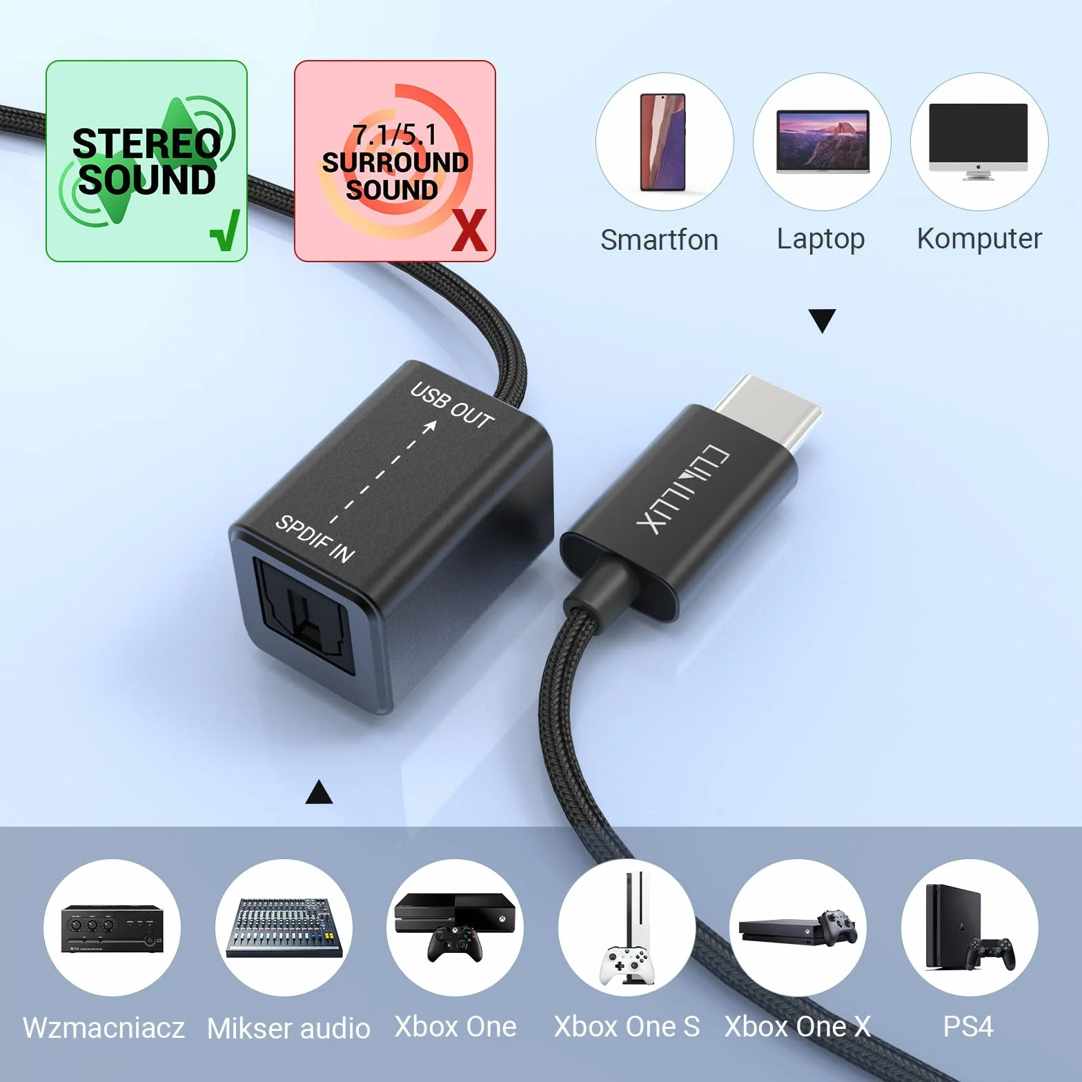 Cubilux Odbiornik USB C SPDIF do nagrywania [TYLKO do sygnału stereo] Optyczny adapter wejścia/wejście typu C, odbiornik TOSLINK do Android,iPhone 15,iPad,MacBook,Samsung,Google Pixel