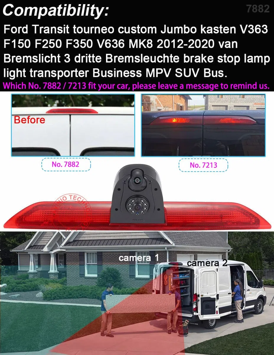 HD IP68 1280 pikseli, lampa hamowania, podwójna kamera cofania z regulacją kąta, zamiennik do Ford Transit Tourneo Custom Jumbo furgon V363 F150 F250 F350 V636 MK8/V362 (kamera cofania + lusterko