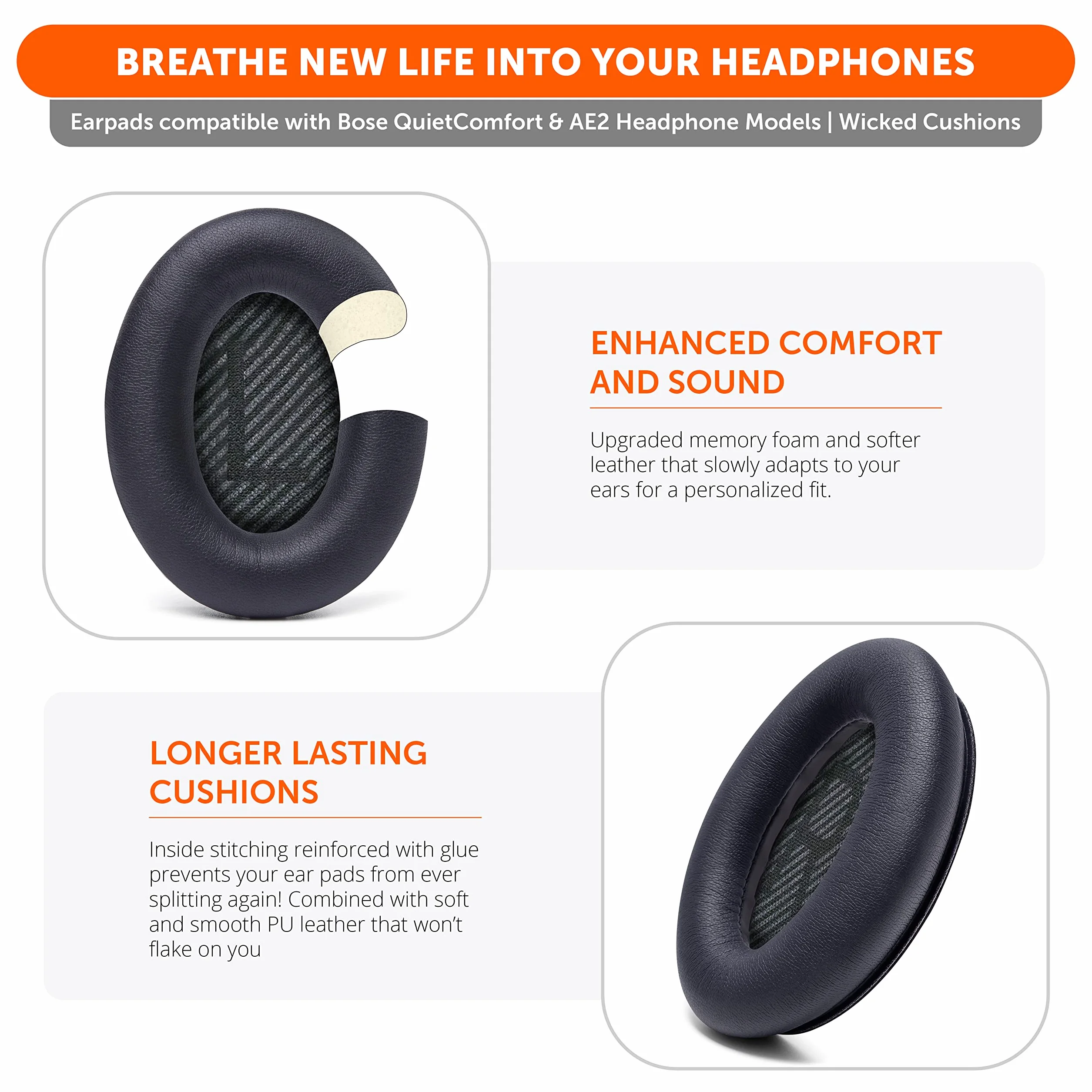 WC Wicked Cushions Upgraded Replacement Ear Pads for Bose QC35 & QC35ii (QuietComfort 35) Headphones & More - Softer Leather, Luxurious Memory Foam, Added Thickness, Extra Durability | (Black)