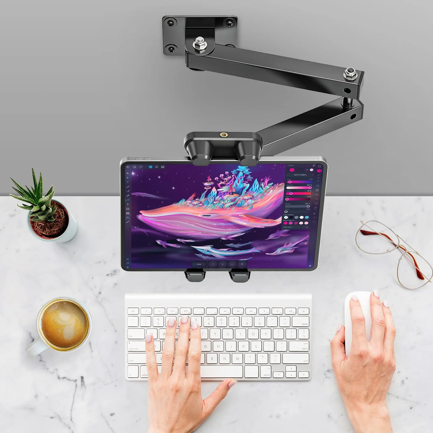 Tendak Uchwyt ścienny do tabletu, długie ramię ze stopu aluminium, uchwyt ścienny do biura i domu, uchwyt ścienny na tablet kompatybilny 4,7-13,5 cala tablety iPad telefon komórkowy