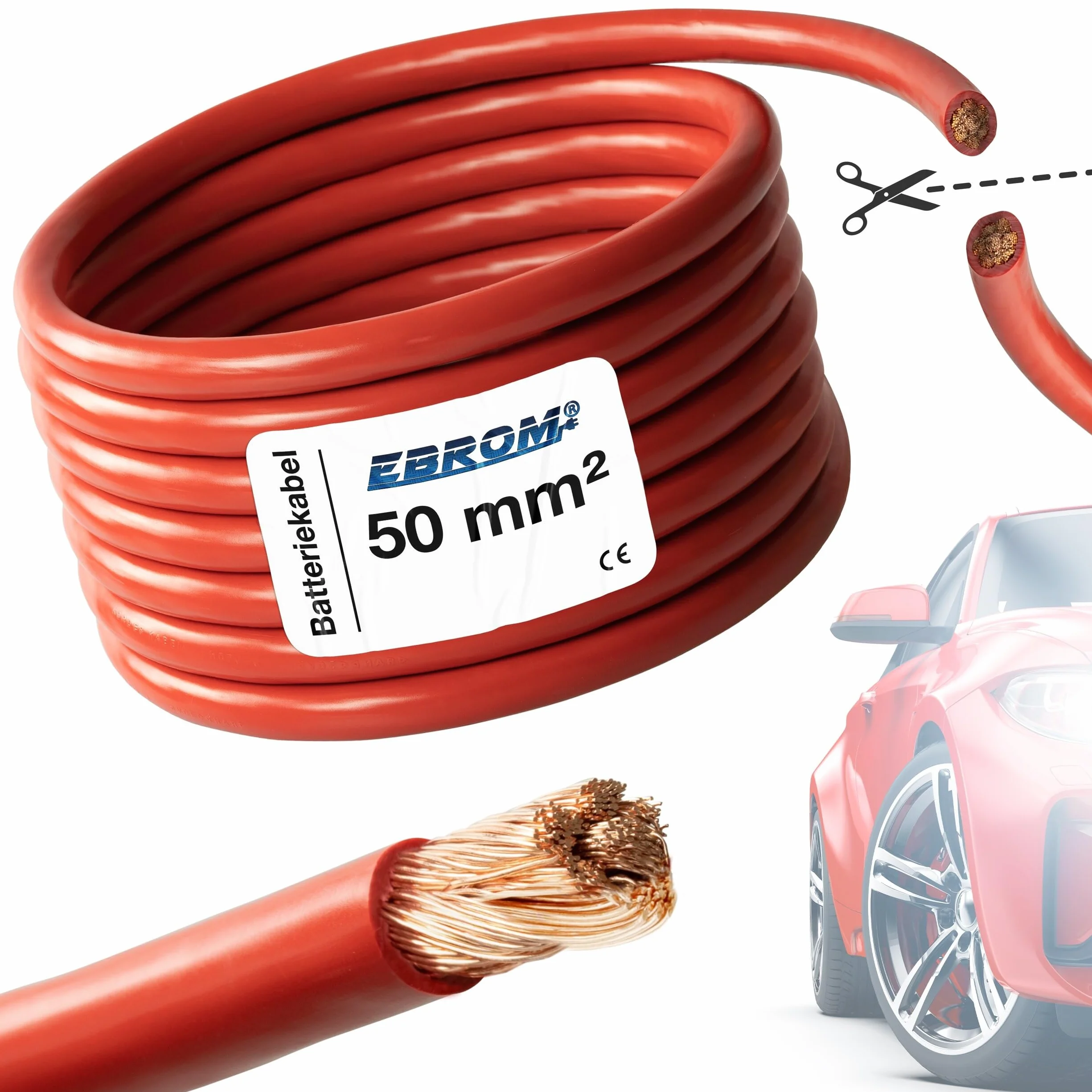 EBROM Fly kabel samochodowy - kabel samochodowy - kabel do akumulatora czerwony - przekrój 50 mm² - na metry - elastyczny 90 ± 5 Shore - 99,99% miedzi, osłona specjalna PCW - kabel startowy