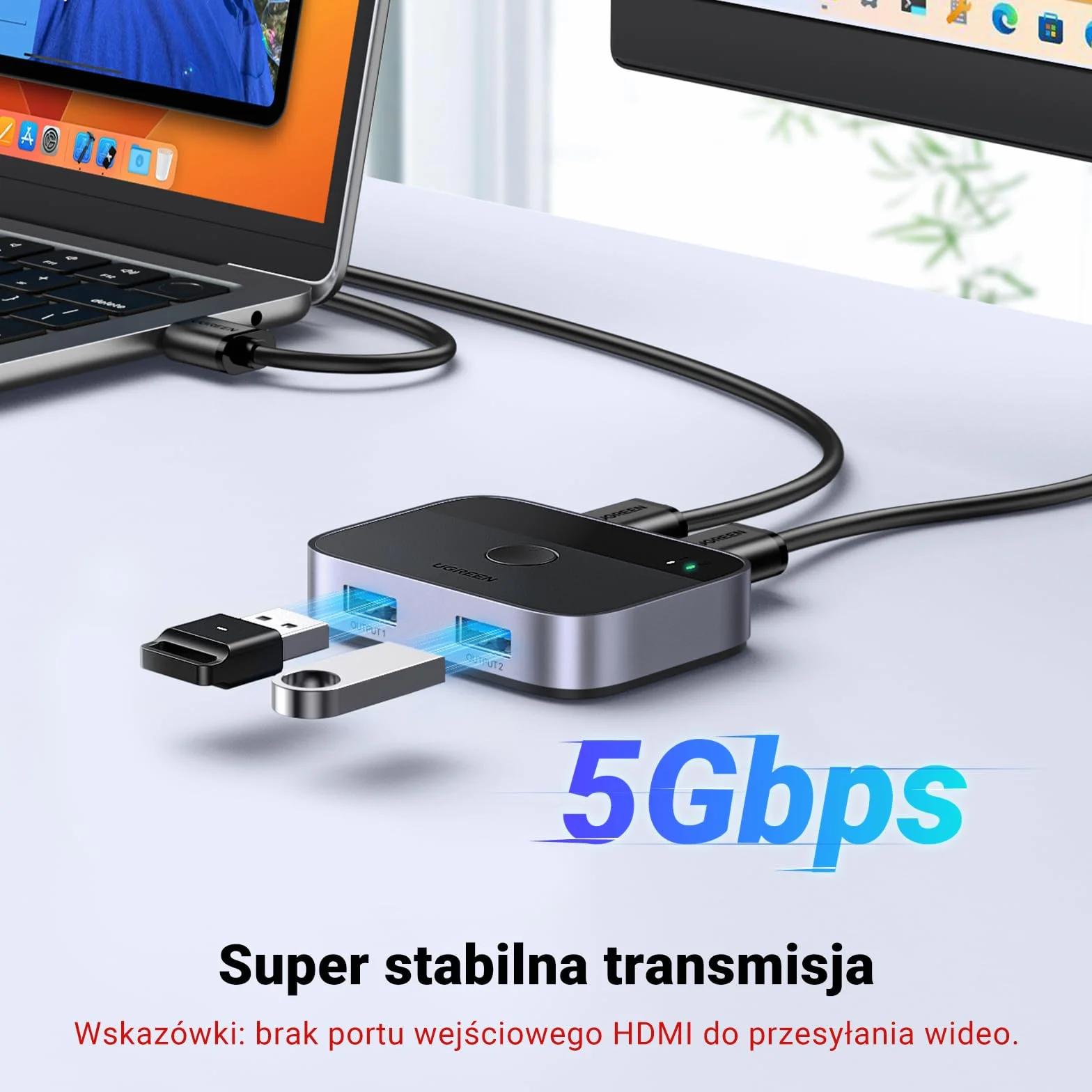 UGREEN Przełącznik USB, przełącznik USB 3.0, 2 w 2 wyjścia, 2 komputery współdzielą 2 USB do klawiatury, myszy, drukarki, dysków twardych z 2 kablami USB 3.0 A do A, kompatybilny z Windows, Mac, Linux