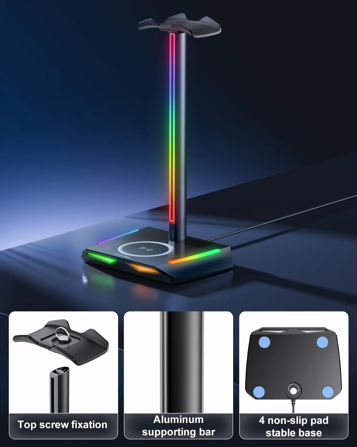 New Bee RGB stojak na słuchawki z ładowarką bezprzewodową, stojak na słuchawki gamingowe, uchwyt na słuchawki bezprzewodowe z funkcją ładowania bezprzewodowego z 1*USB 2*Typ-C 11 trybów efektów