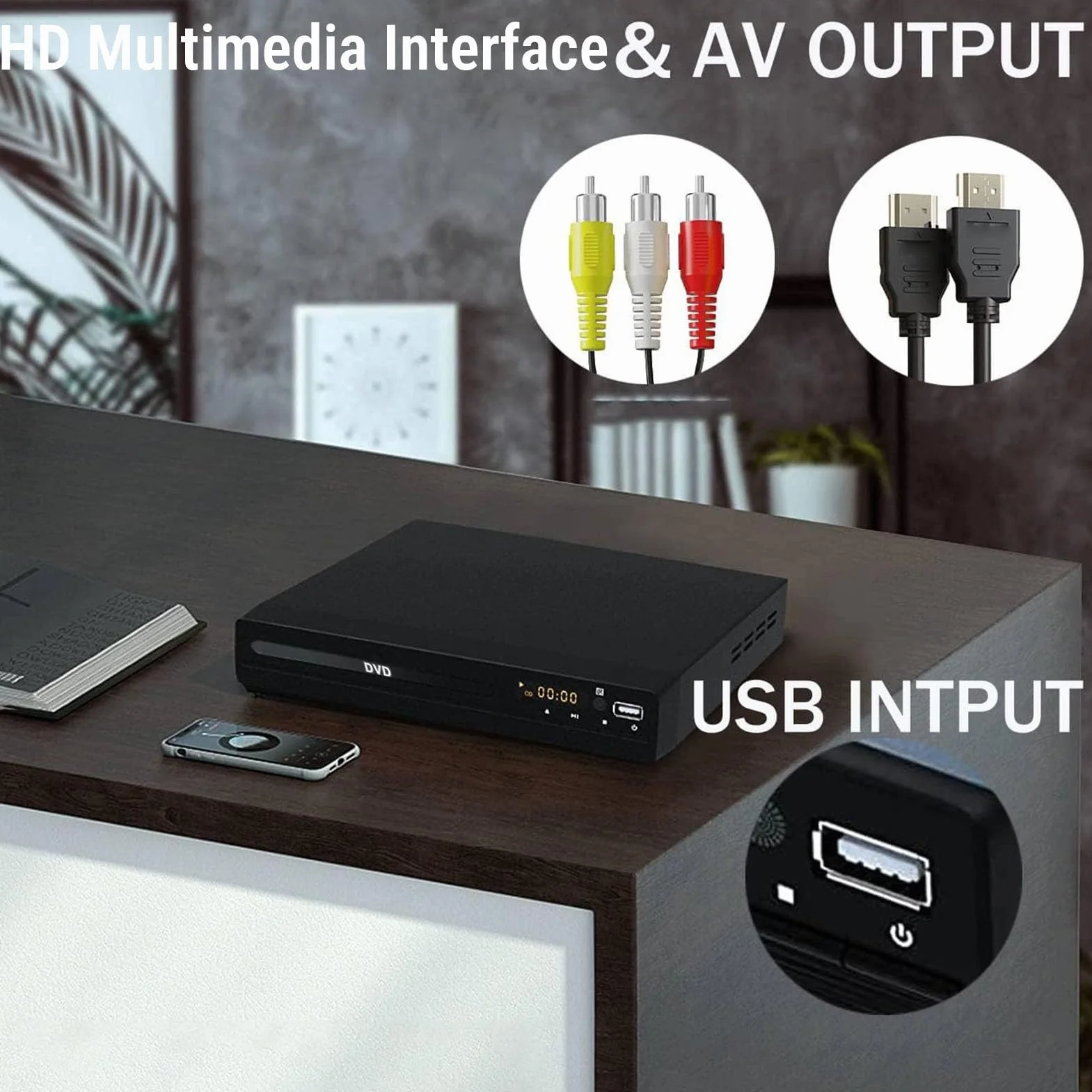 Asixxsix Odtwarzacz DVD dla Telewizorów Smart TV, Wieloregionowy Odtwarzacz CD HDMI z możliwością Skalowania do 1080p, z Portem USB, Odtwarzanie Wielu Formatów MP3 dla Kina Domowego (wtyczka UE)