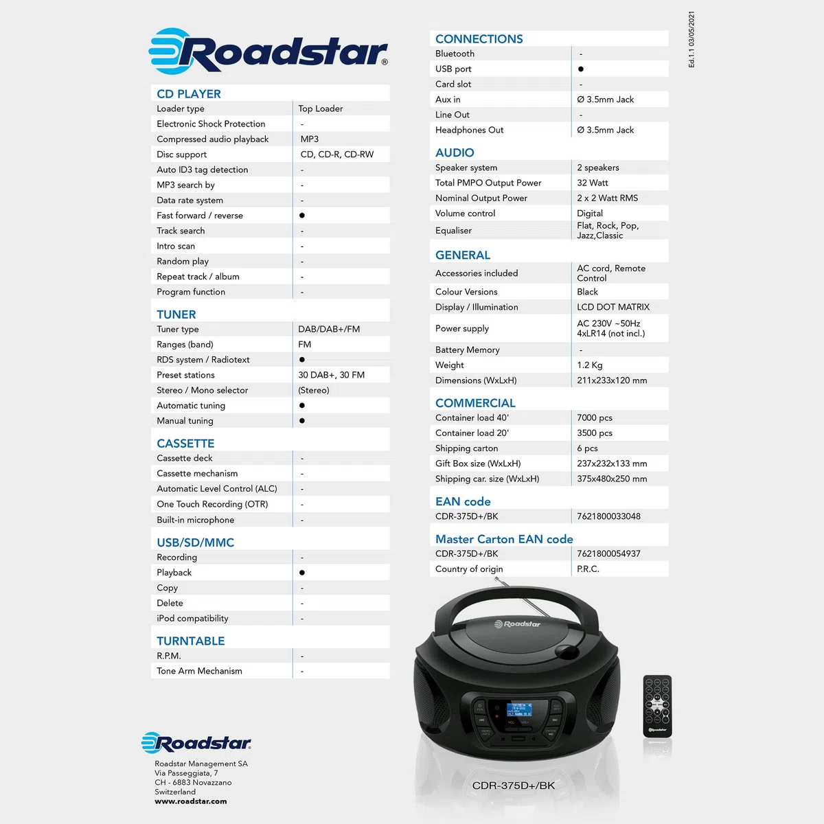 Roadstar CDR-375D+/BK Przenośny odtwarzacz CD DAB/DAB+ / FM, Odtwarzacz CD-MP3, CD-R, CD-RW, Port USB, Stereo, Pilot, AUX-IN, Wyjście Słuchawkowe, Czarny
