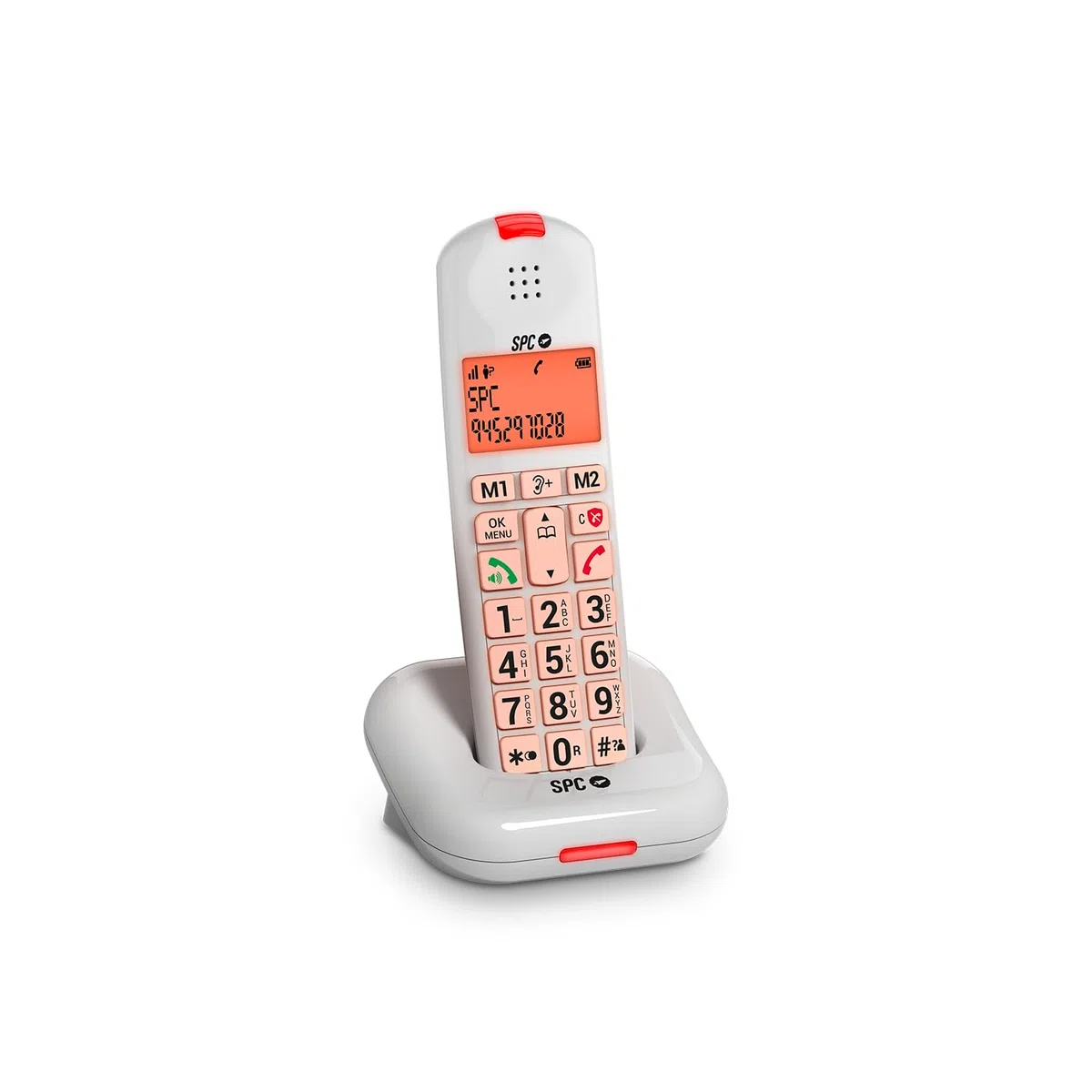 SPC Comfort Kairo - Bezprzewodowy telefon dla seniorów z dużymi przyciskami, wzmocnionym dźwiękiem, kompatybilny ze słuchawkami, blokada połączeń, sygnał świetlny i 2 bezpośrednie pamięci – Biały