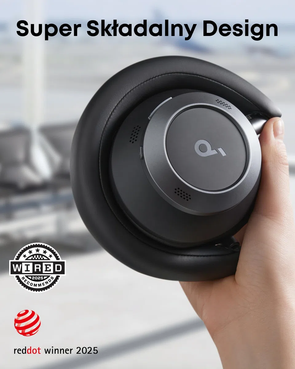 soundcore Space One Pro firmy Anker(odnowiona), adaptacyjne słuchawki z aktywną redukcją szumów wspierane 6 mikrofonami, super składana konstrukcja, bezstratne 60 godz. dźwięku, ultraszybkie ładowanie