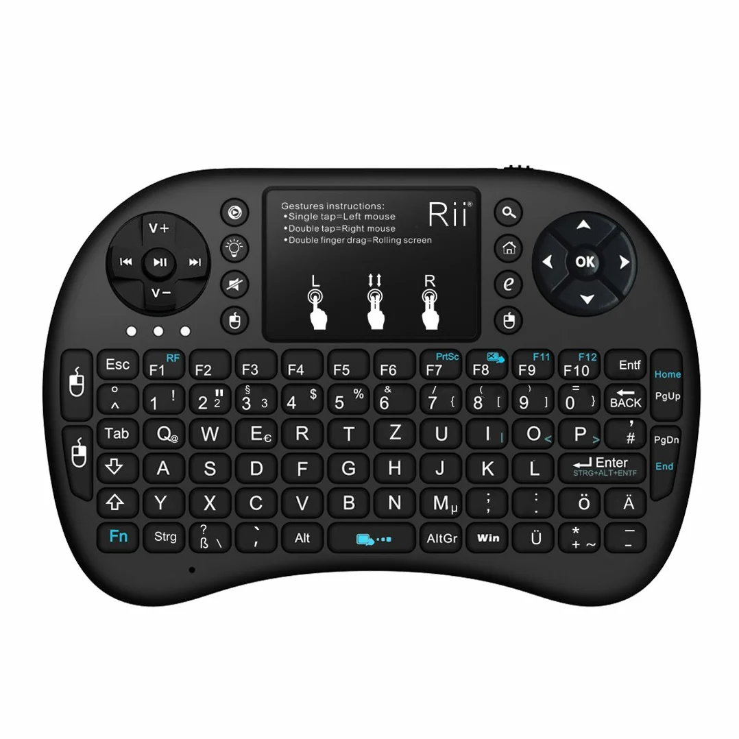 Rii Mini i8+ Wireless (QWERTZ) – mini podświetlana klawiatura z podkładką pod mysz Multi-Touch do Smart TV, mini PC, HTPC, komputerów i gier konsolowych