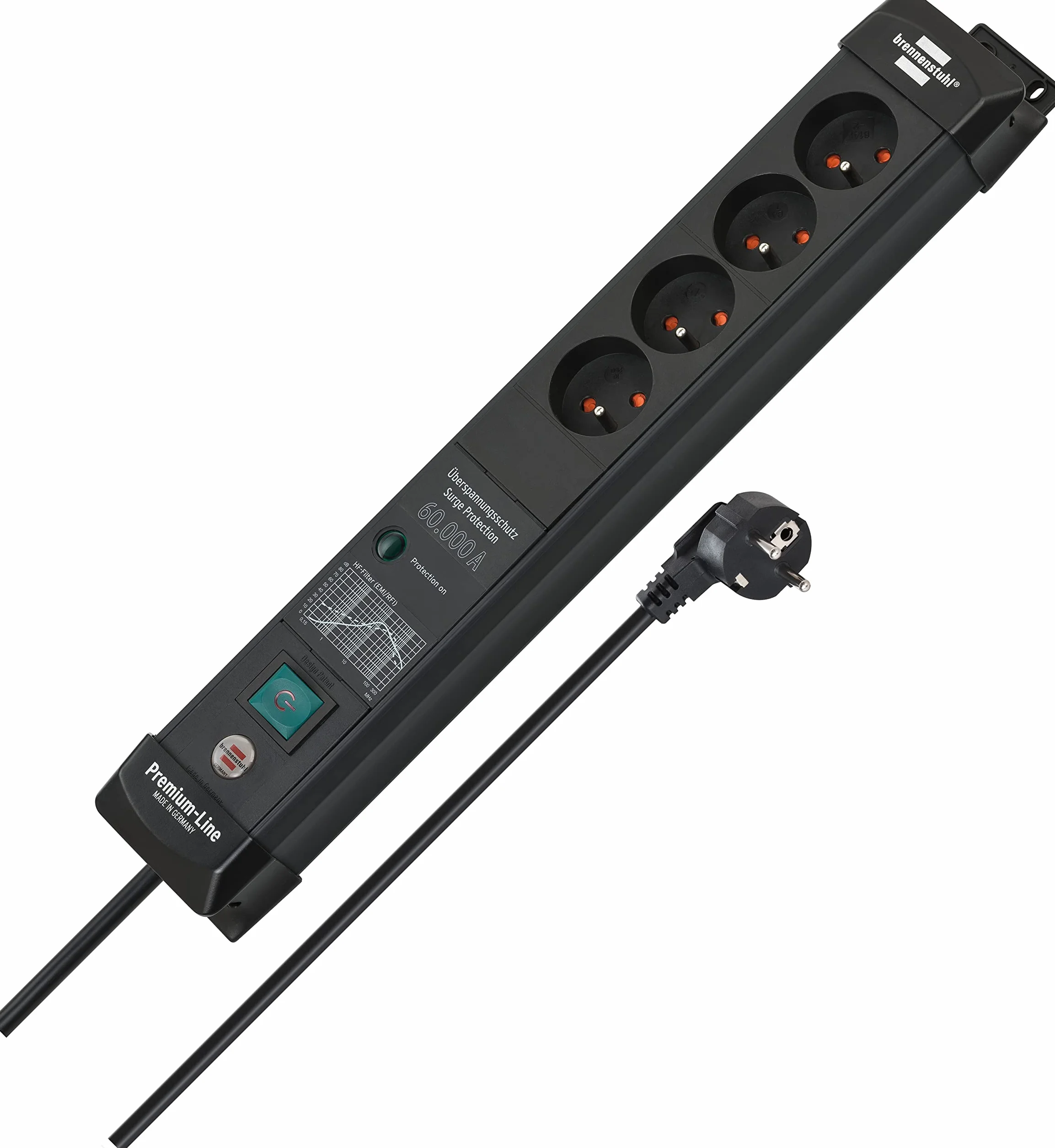 Brennenstuhl Premium-Line listwa przepieciowa z 4 gniazdami / listwa antyprzepieciowa a z ochrona przepieciowa do 60.000 A (listwa zasilajaca kabel 3 m z wylacznikiem, Made in Germany) czarna