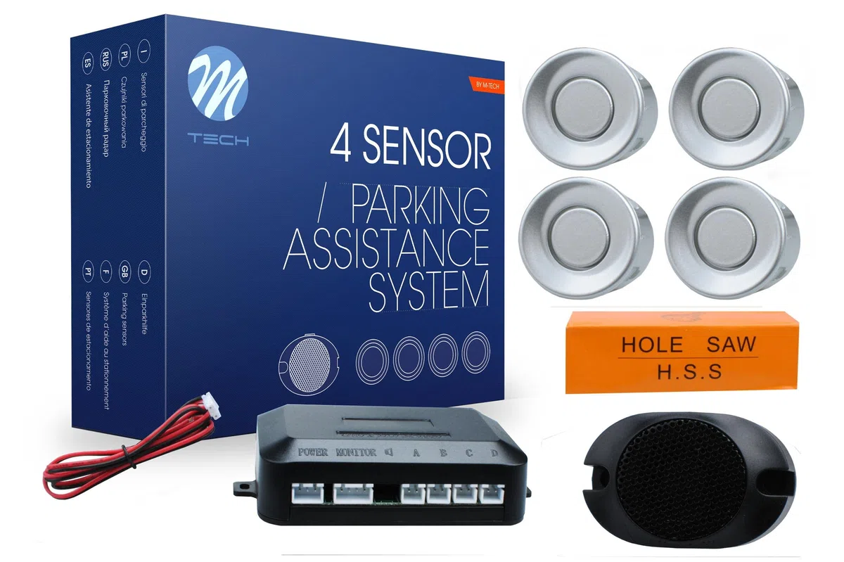 M-Tech CP7S system wspomagania parkowania, 4 czujniki z głośnikami, kolor srebrny