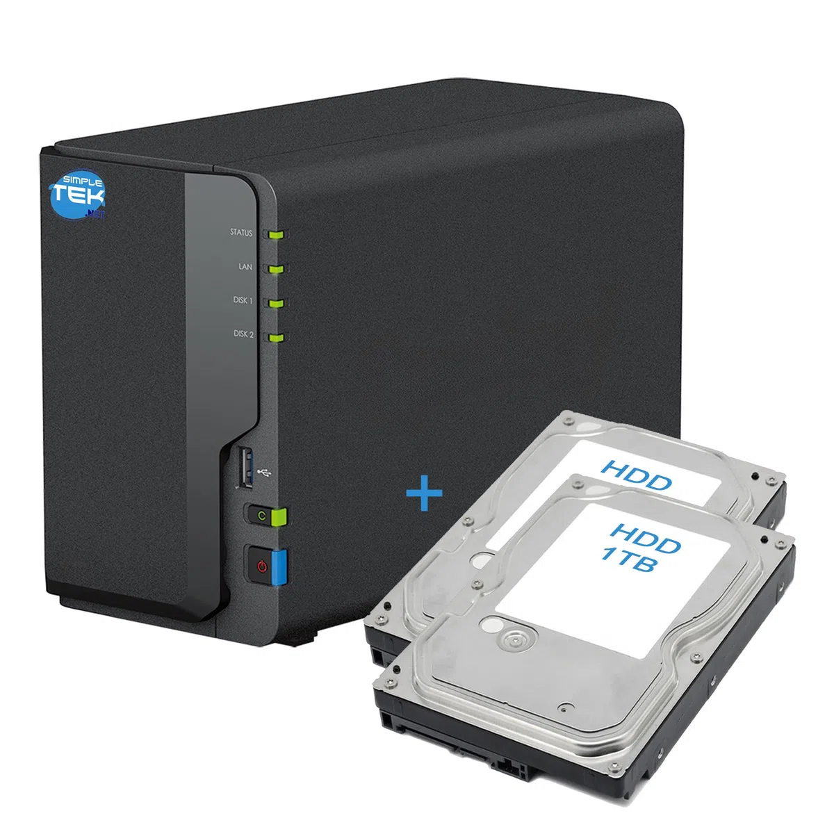 SIMPLETEK - 2-kieszeniowe urządzenie sieciowe NAS z podwójnym dyskiem HDD 1TB+1TB, Gigabit Ethernet LAN, kopiowanie USB, 2 GB DDR4