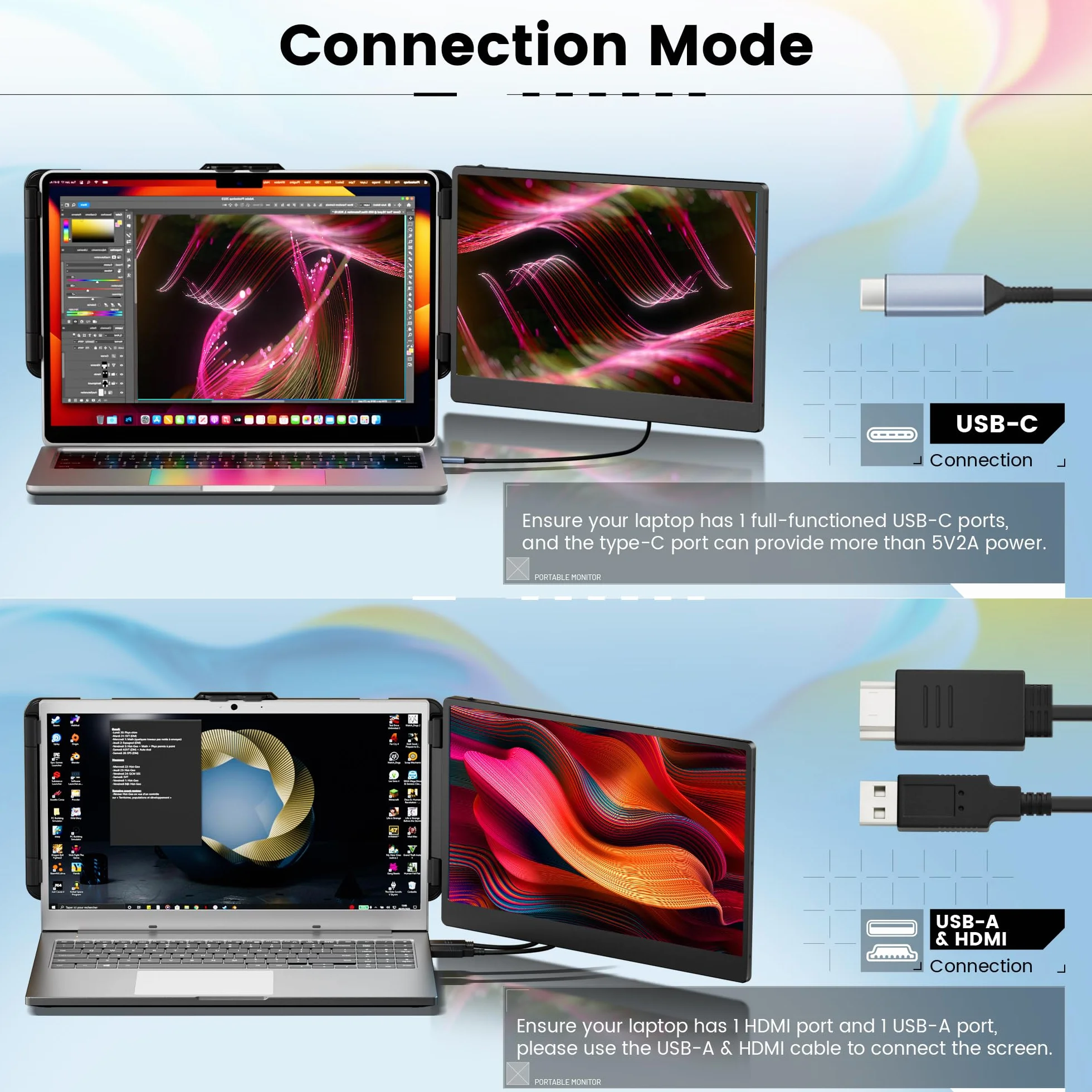 domyfan Przenośny Monitor,14" FHD 1080P Przedłużacz ekranu do Laptopa, HDMI/USB-A/Type-C Plug and Play Działa z 13 "-17" Windows, Mac, Chrome, Xbox, Switch, PS5