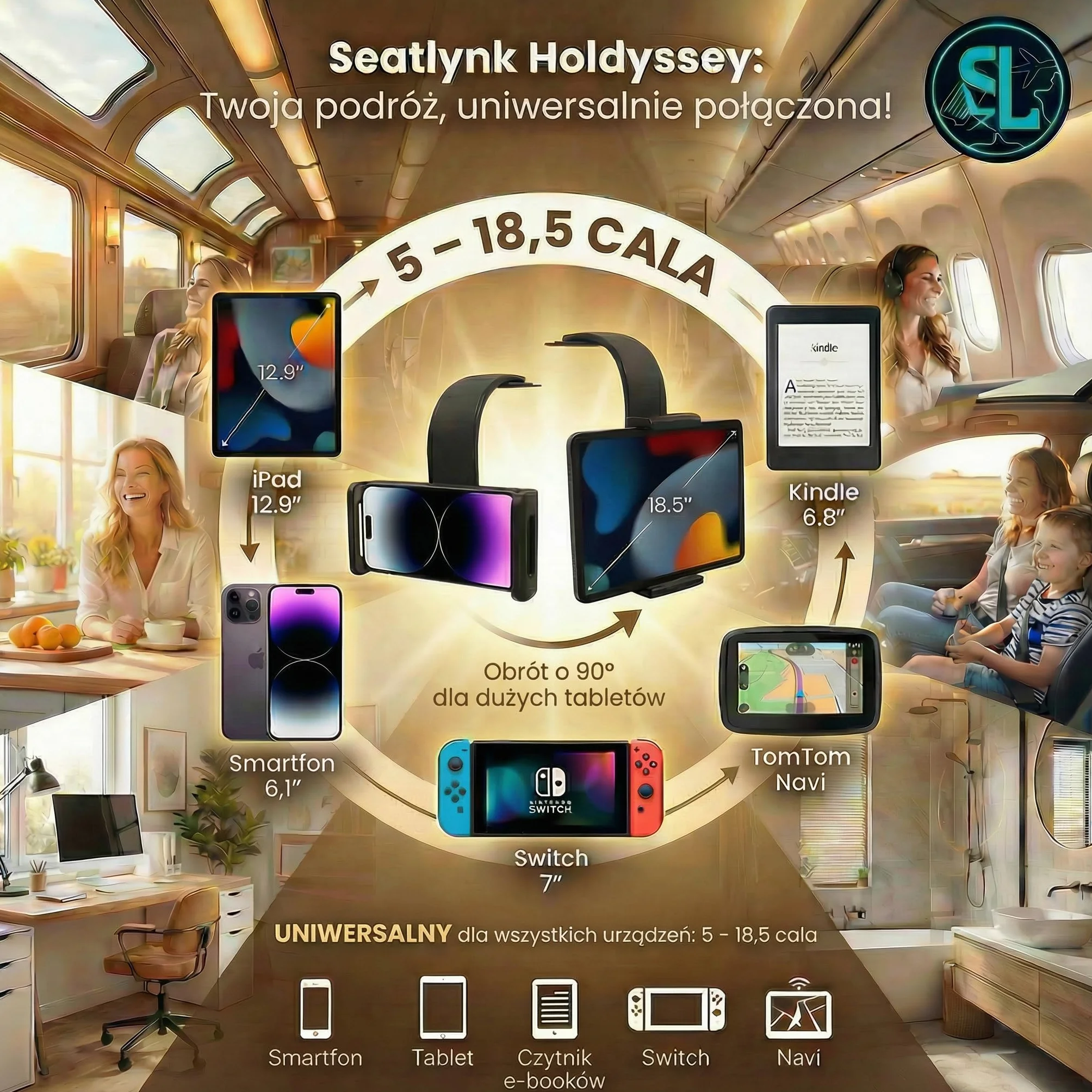 Elastyczny uchwyt podróżny do smartfonów, tabletów i czytników e-booków 5-18,5" obracany 360°