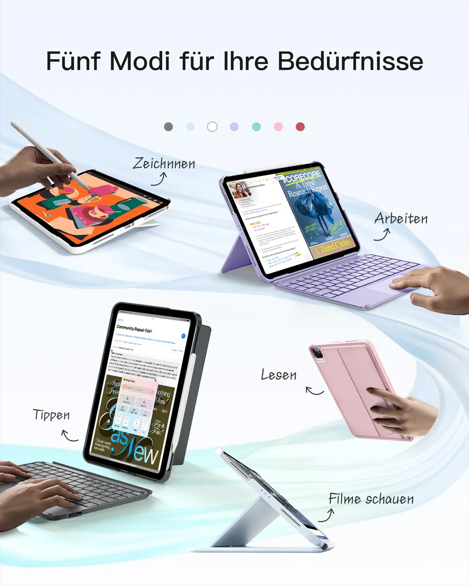 Inateck Etui z klawiaturą, ultralekka klawiatura do iPada 10 generacji, iPad Air 6 11" 2024, iPad Air 5/4 10,9", iPad Pro 11 4/3/2/1 generacji, zdejmowane, z touchpadem, QWERTZ, KB04122