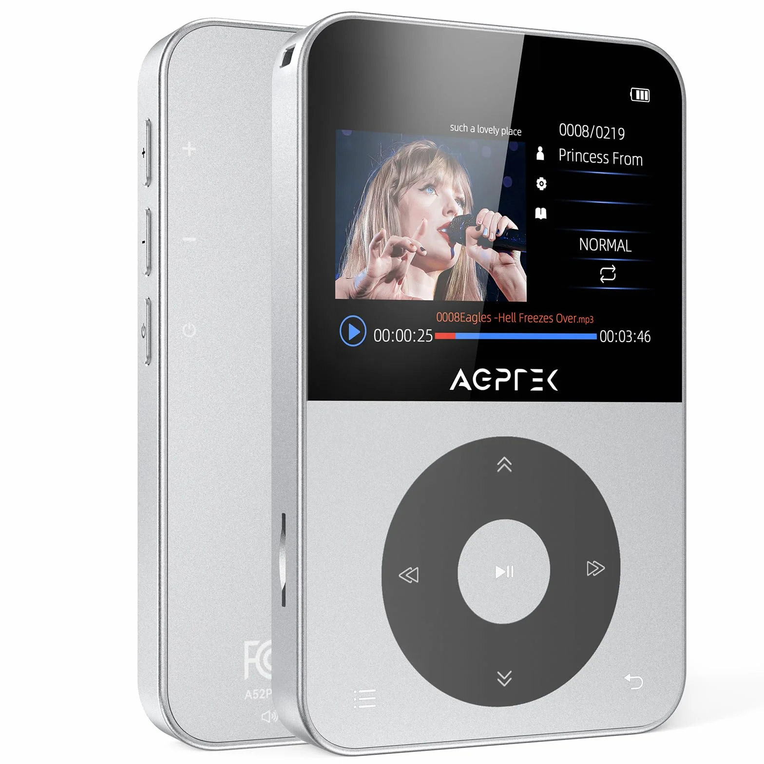 AGPTEK Odtwarzacz MP3 64 GB Bluetooth 5.3 Kolorowy Ekran TFT 2,3" Radio FM Nagrywanie Srebro