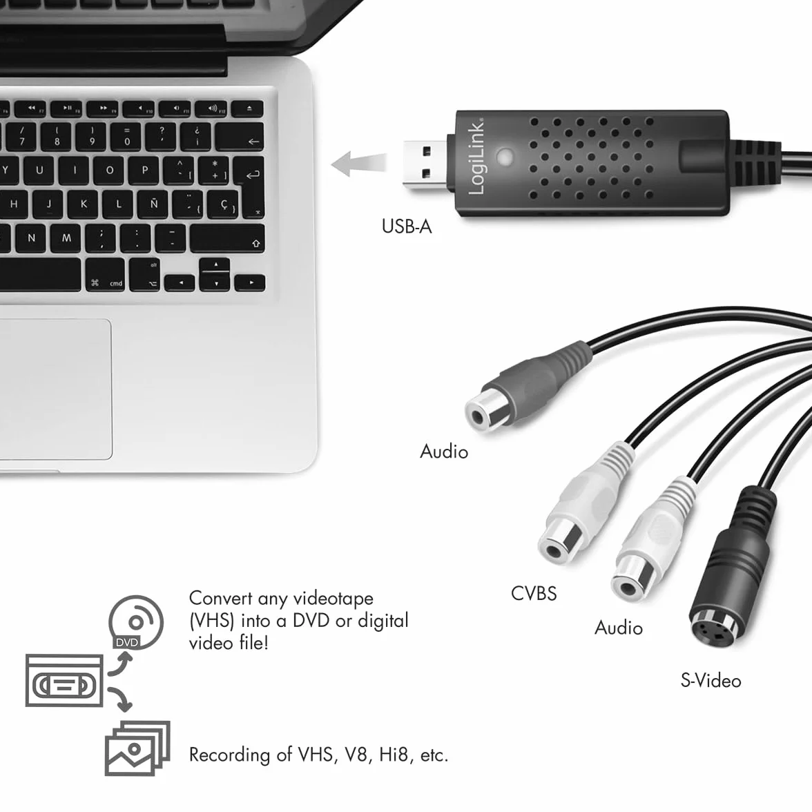 LogiLink VG0030A - USB 2.0 Audio/Video Grabber, 3 x cinch + miniDIN5 (S-Video) do Windows 7/8/10/11, Mac OS 10.7 lub nowszych, Android 5.0 lub nowszy
