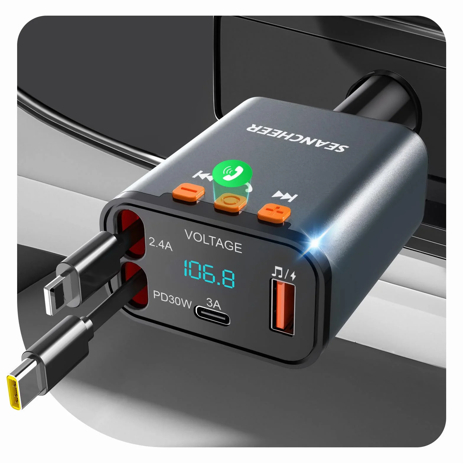 SEANCHEER Adapter Bluetooth do samochodu i zapalniczki samochodowej USB C, 69 W, ładowarka samochodowa z 2 zwijanymi kablami, transmiter FM