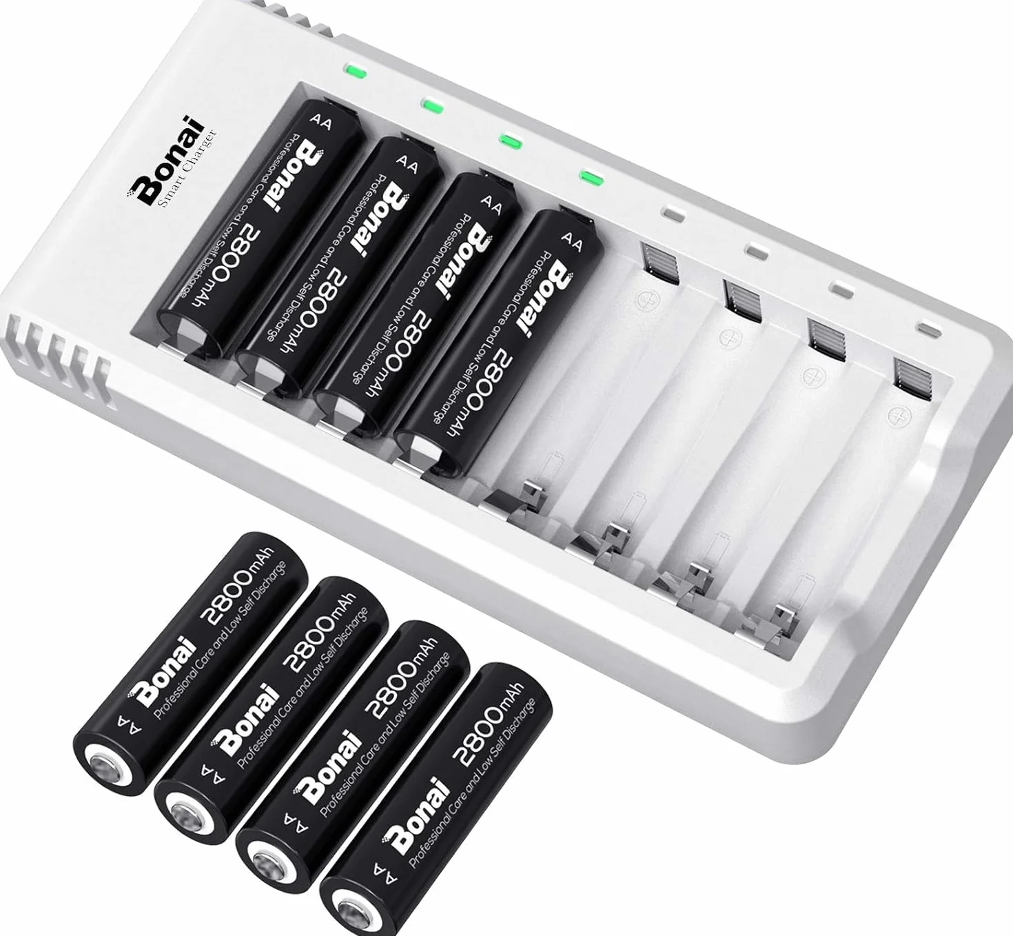BONAI Akumulatory AA z zestawem ładowarek, 8 szt., niezależne gniazdo, szybkie ładowanie USB, wejście DC 5 V 2 A, wyjście 1,4 V 250 mA - 1000 mA