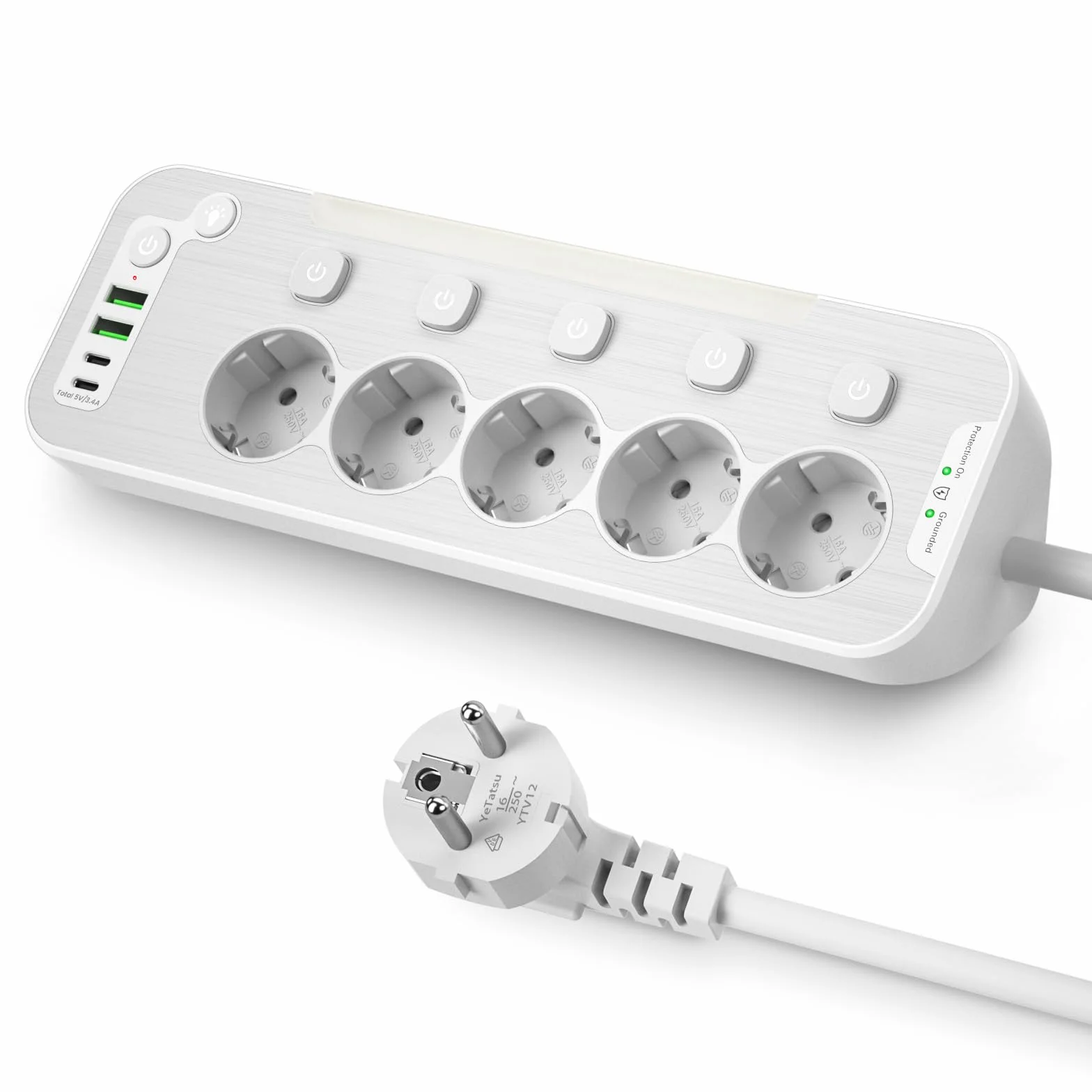 Listwa Zasilająca USB C, Wielokrotne Gniazdo z Wyłącznikami,5 Gniazdka Biurowa Listwa Przeciwprzepięciowa,Metal Listwa Zasilająca do Kuchni z Lampką Nocną,Narożne Gniazda Elektryczne 2M Kabel,Biały