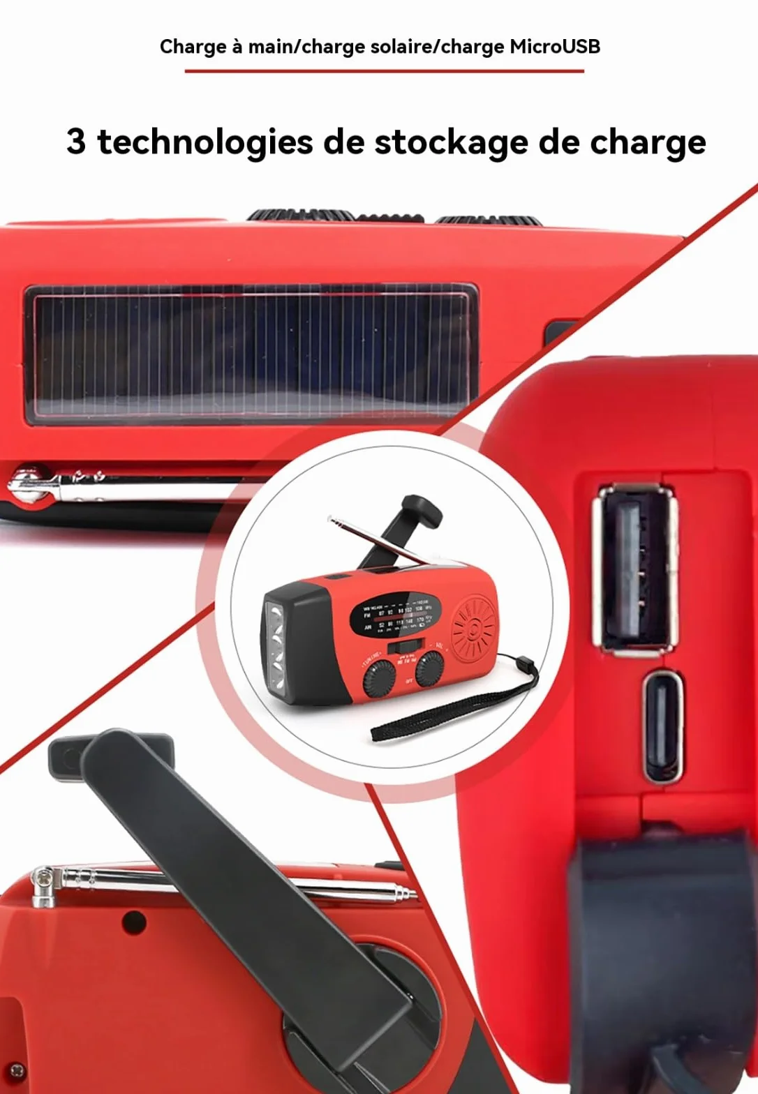 Radio awaryjne z baterią zewnętrzną 2000 mAh, ładowanie słoneczne/korbowe, AM/FM/WB, alarm SOS i lampka do czytania - wodoszczelność IPX4 do przetrwania na zewnątrz