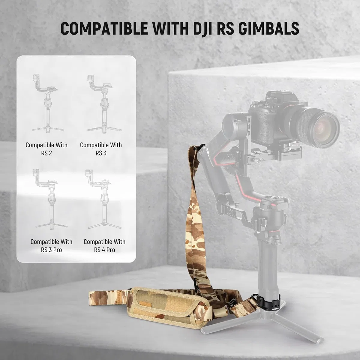 NEEWER RS4 RS3 Gimbal pasek na ramię, redukujący wagę, wyściełany, regulowany pasek z podstawą, szybkie odpinanie, klamra QD, kompatybilny z DJI RS4 RS4 Pro RS3 RS3 Pro RS2, moro, GA018