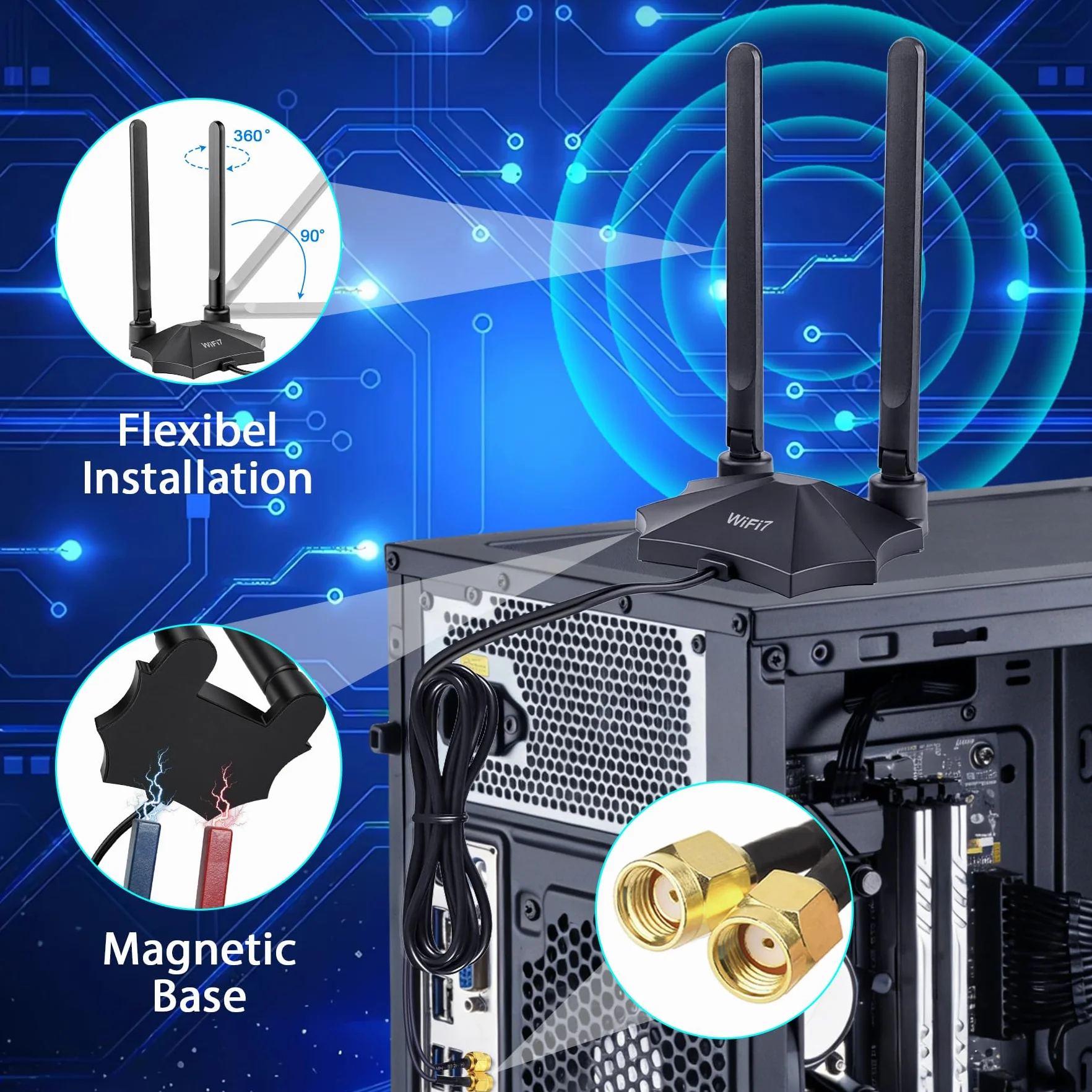 Antena magnetyczna WiFi 7 dBi 9 dBi antena WLAN z wtyczką RP-SMA dla mężczyzn do WiFi 7/6E routera PC, komputera stacjonarnego, karty PCI-E, Asus Gigabyte, płyta główna do gier