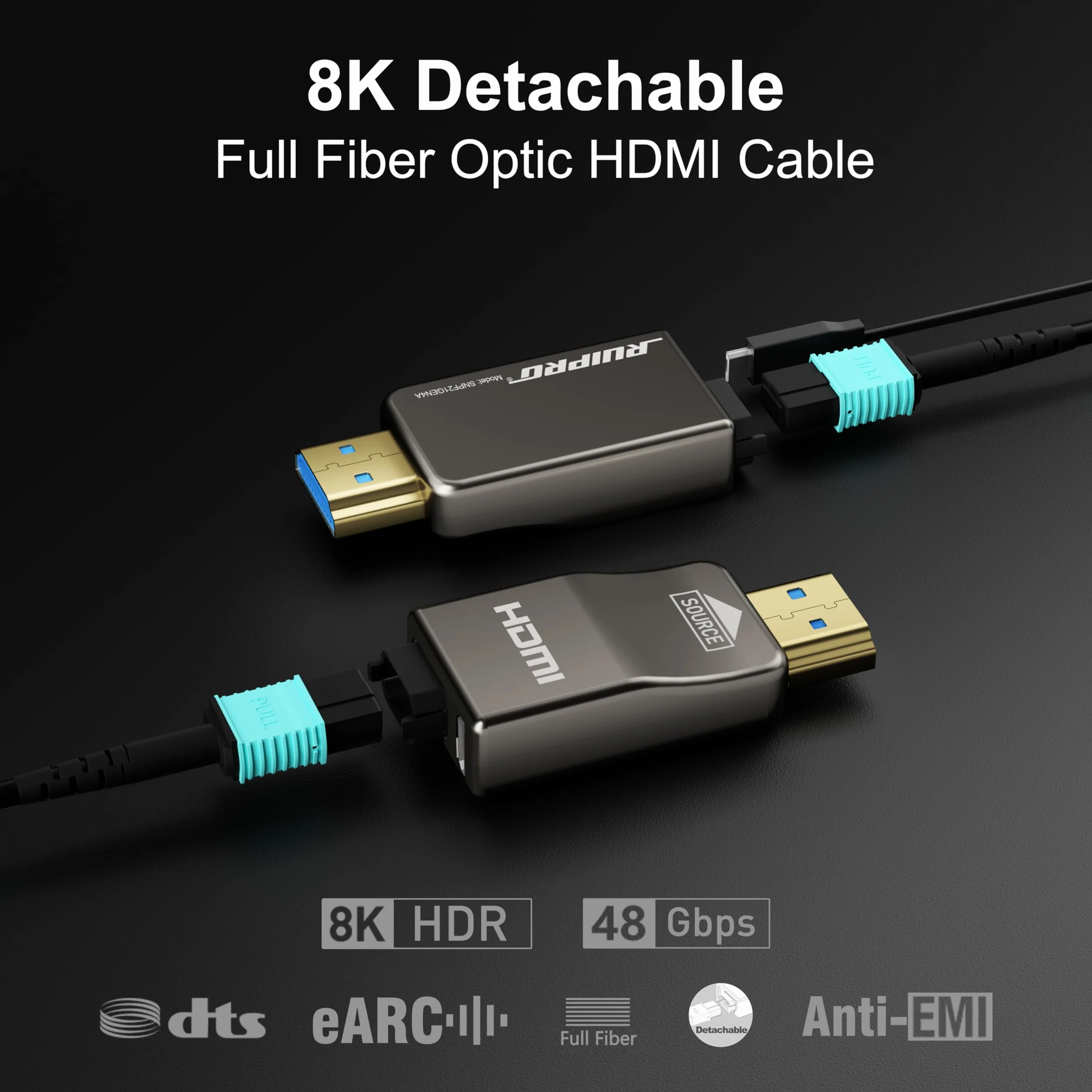 RUIPRO HDMI 2.1 8K, pełny światłowód, odłączany, opancerzony, 48Gbps, 3 m | Pełny światłowód zmniejsza EMI względem miedzi, a odłączane moduły pozwalają uniknąć wymiany całego kabla w ścianie