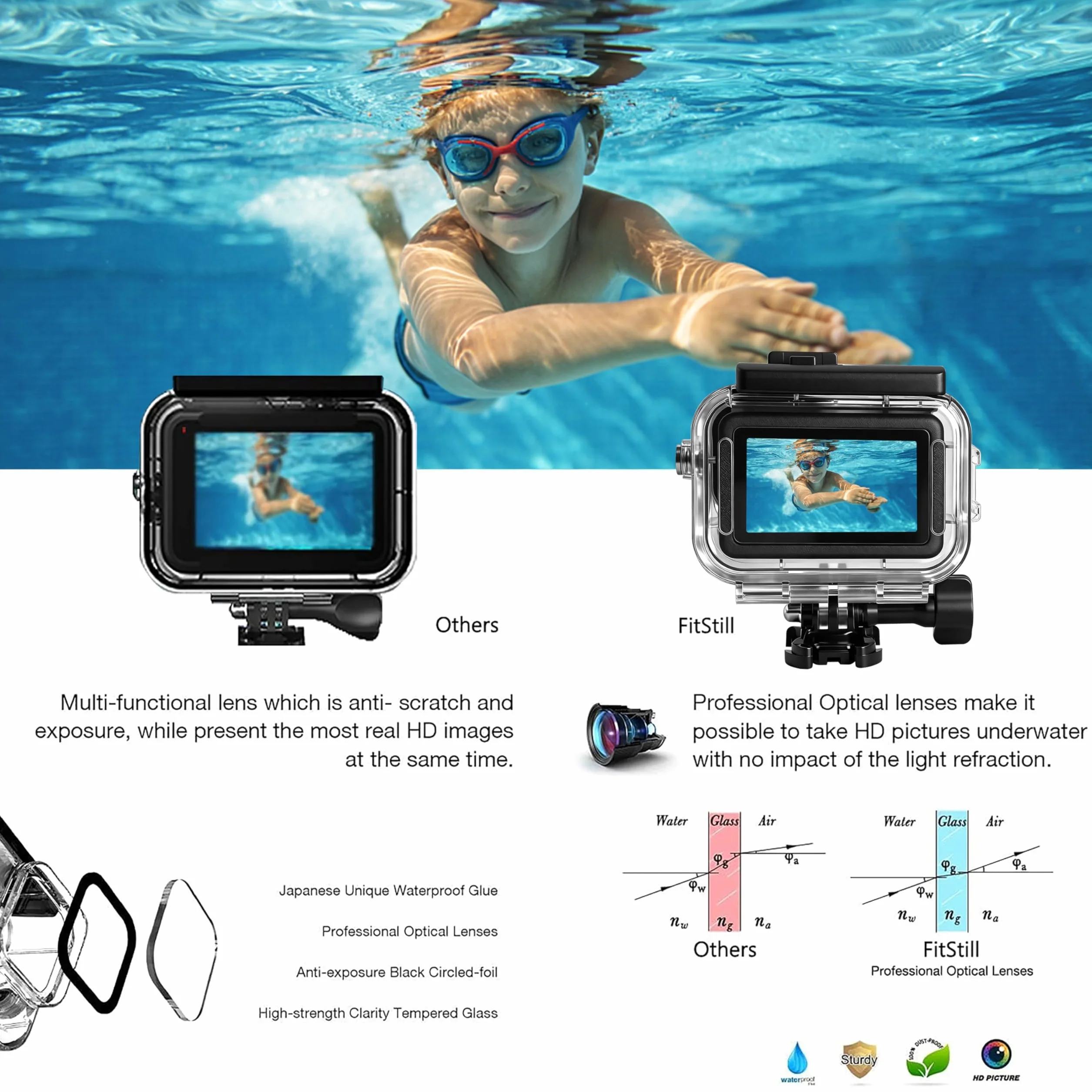 FitStill Uniwersalny zestaw do nurkowania do DJI OSMO ACTION 6, wodoodporna obudowa 196FT/60M i 3 filtry i uchwyt pływający zestaw do nurkowania, surfingu, nurkowania, etui ochronne, akcesoria