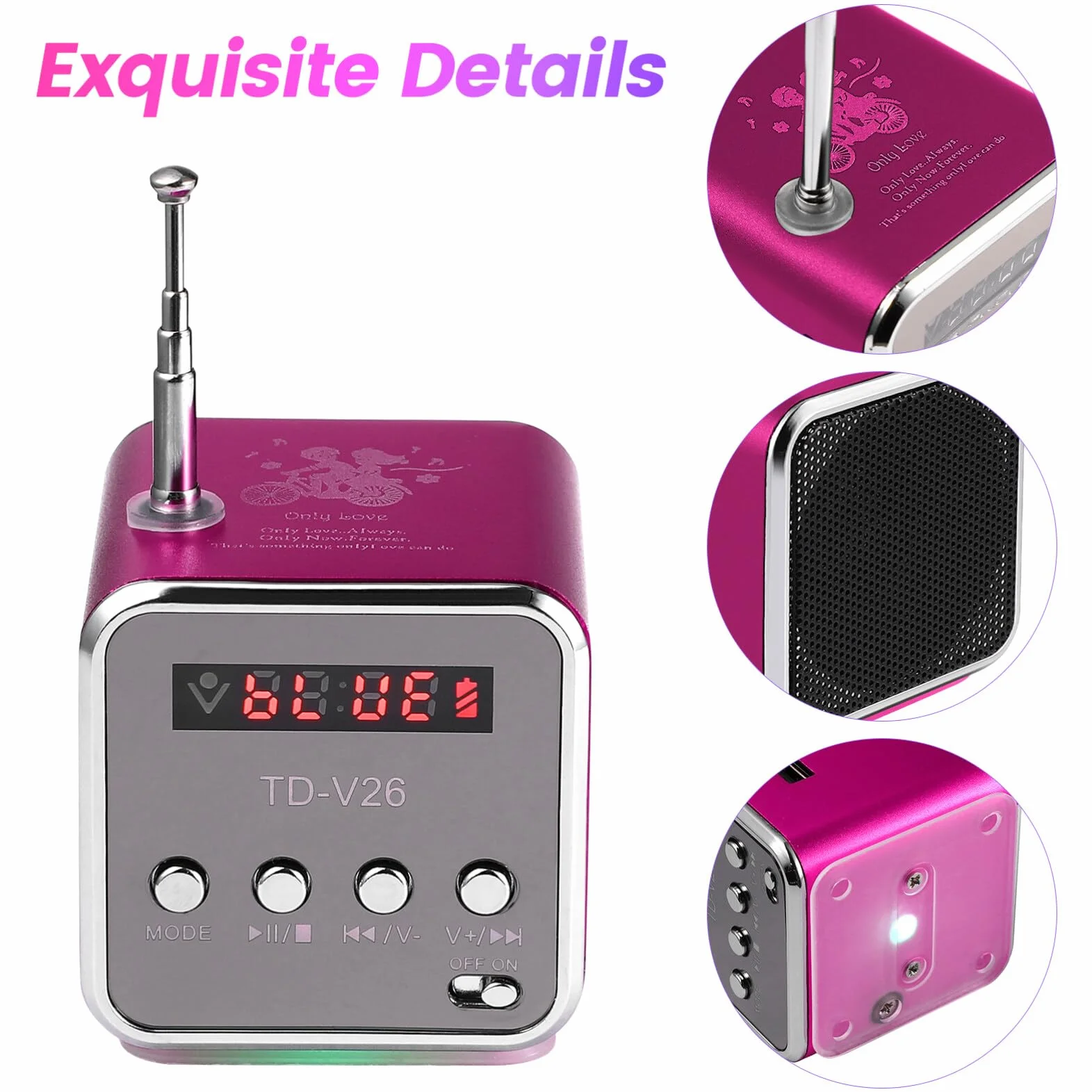 iplusmile -V26 cyfrowy głośnik mini radio FM stereo MP3 MP4 odtwarzacz muzyki obsługuje karty Micro Sd/TF/USB/Disk/Fm (różowy)