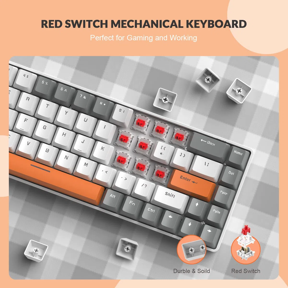 YINDIAO T8 60% Klawiatura do Gier,68 Klawiszy Kompaktowa Mini Przewodowa Klawiatura Mechaniczna z Podświetleniem 18 Chroma RGB,Czerwony przełącznik,Spiralny Kabel USB C,na PC,PS4-Jasny Szary