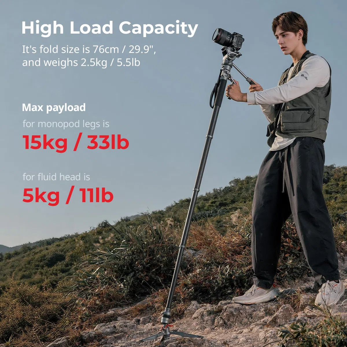 SMALLRIG Carbon Fiber Video Monopod Pro 175 cm / 68,9" statyw wideo, kompaktowy statyw do aparatu z funkcją podnoszenia i blokady jednym przyciskiem, maks. nośność 5 kg - 5565