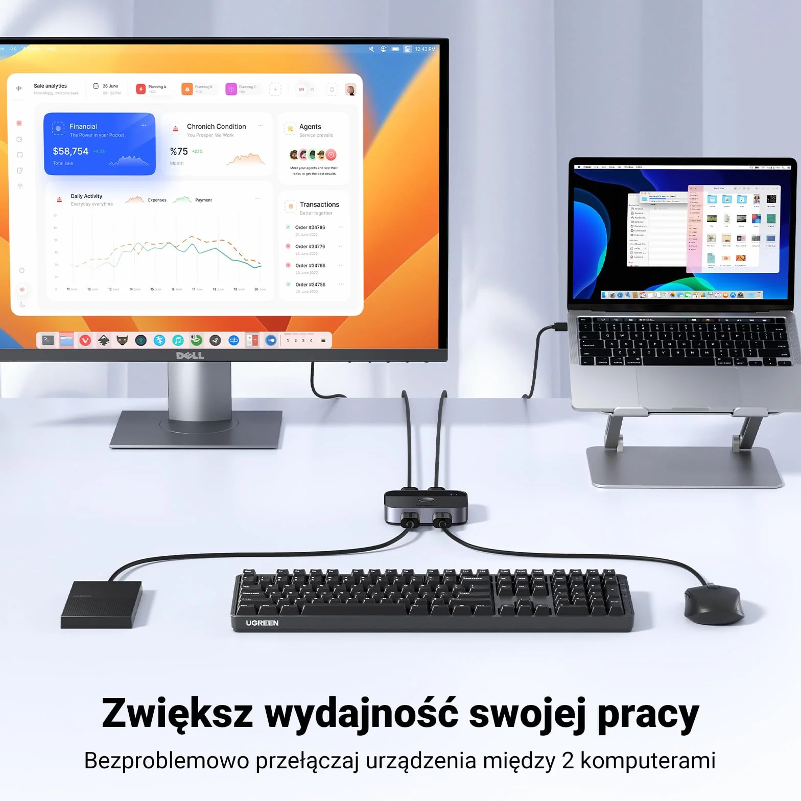 UGREEN Przełącznik USB, przełącznik USB 3.0, 2 w 2 wyjścia, 2 komputery współdzielą 2 USB do klawiatury, myszy, drukarki, dysków twardych z 2 kablami USB 3.0 A do A, kompatybilny z Windows, Mac, Linux
