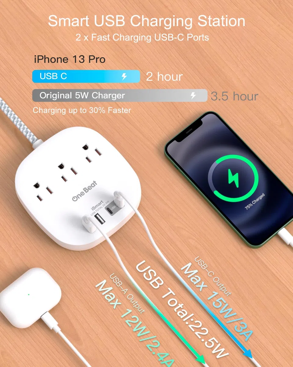 Płaska listwa zasilająca, ultra płaski przedłużacz 1,5 m, 3 gniazda, 4 porty USB (2 USB C), stacja ładująca, listwa zasilająca bez ochrony przed przepięciem, do statku wycieczkowego, podróży