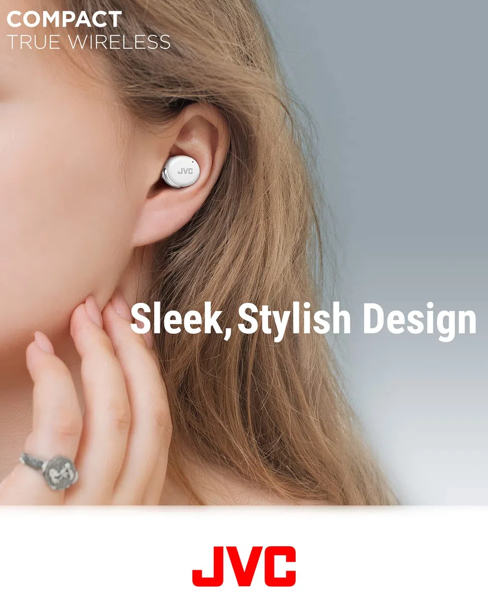 Kompaktowe bezprzewodowe słuchawki Bluetooth JVC, aktywna redukcja szumów, małe, lekkie, stylowy design, wodoodporne (IPX4), autonomia 21H, HA-Z330T-W (biały)