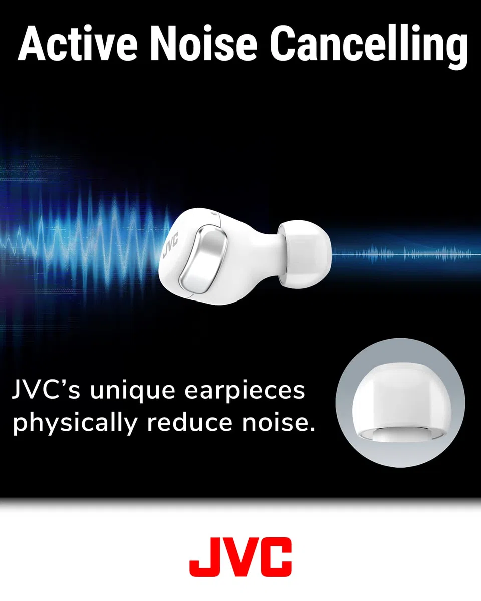 Kompaktowe bezprzewodowe słuchawki Bluetooth JVC, aktywna redukcja szumów, małe, lekkie, stylowy design, wodoodporne (IPX4), autonomia 21H, HA-Z330T-W (biały)