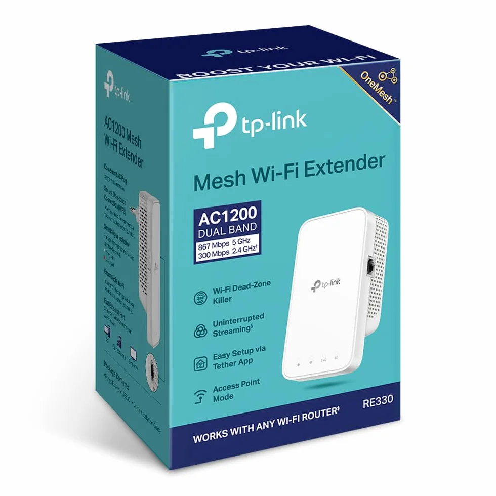 TP-Link Wzmacniacz RE330 WLAN AC1200 (867 Mb/s 5 GHz + 300 Mbps 2,4 GHz, wzmacniacz WiFi, sterowanie aplikacją, wskaźnik siły sygnału, kompatybilny ze wszystkimi urządzeniami WLAN, tryb AP)