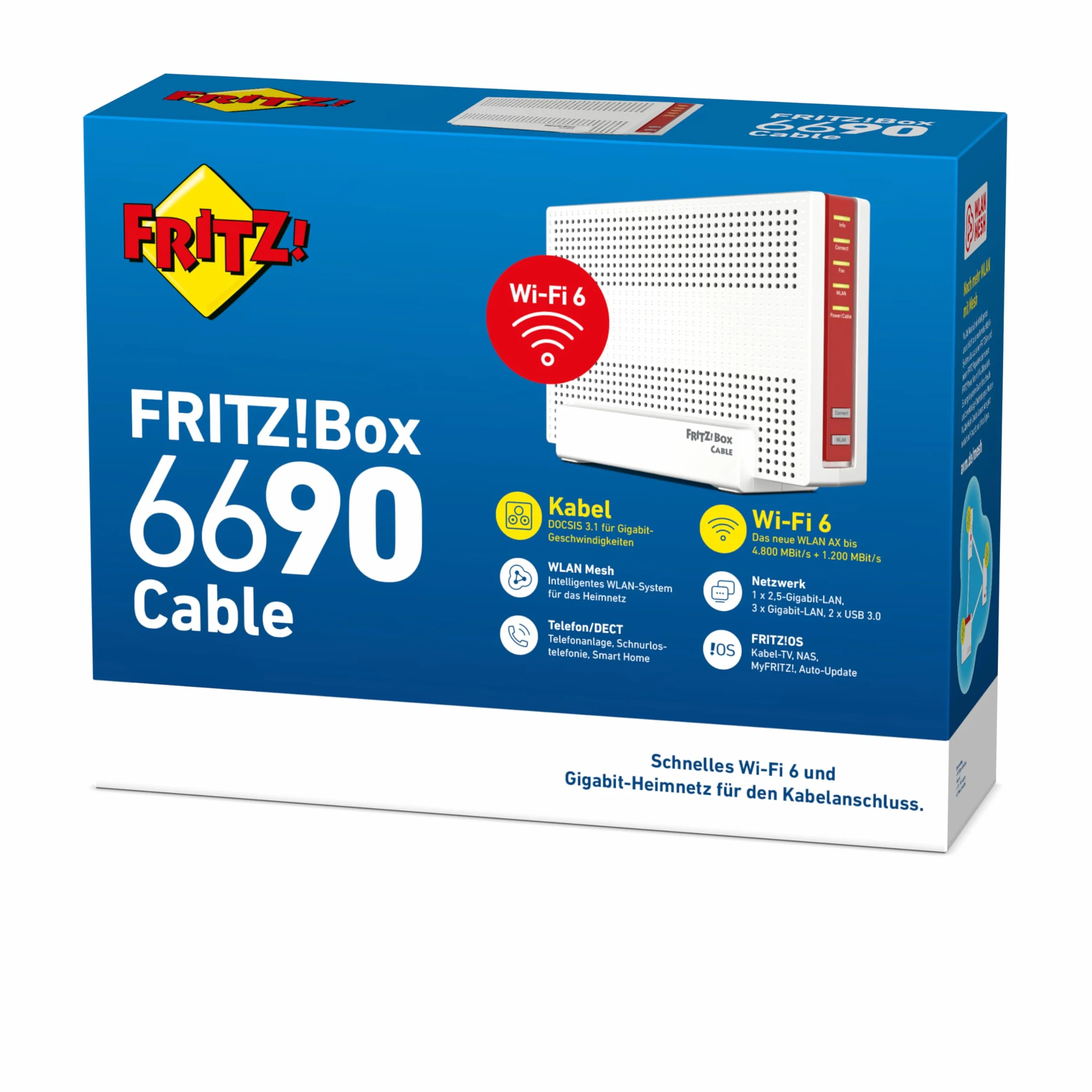AVM FRITZ! Box 6690 kabel (modem kablowy DOCSIS 3.1, 4x4 Wi-Fi 6 (WLAN AX) o mocy 4800 Mb/s (5 GHz) + 1200 Mb/s (2,4 GHz), 1x port 2,5 Gigabit LAN, USB 3.0, DECT), biały/czerwony